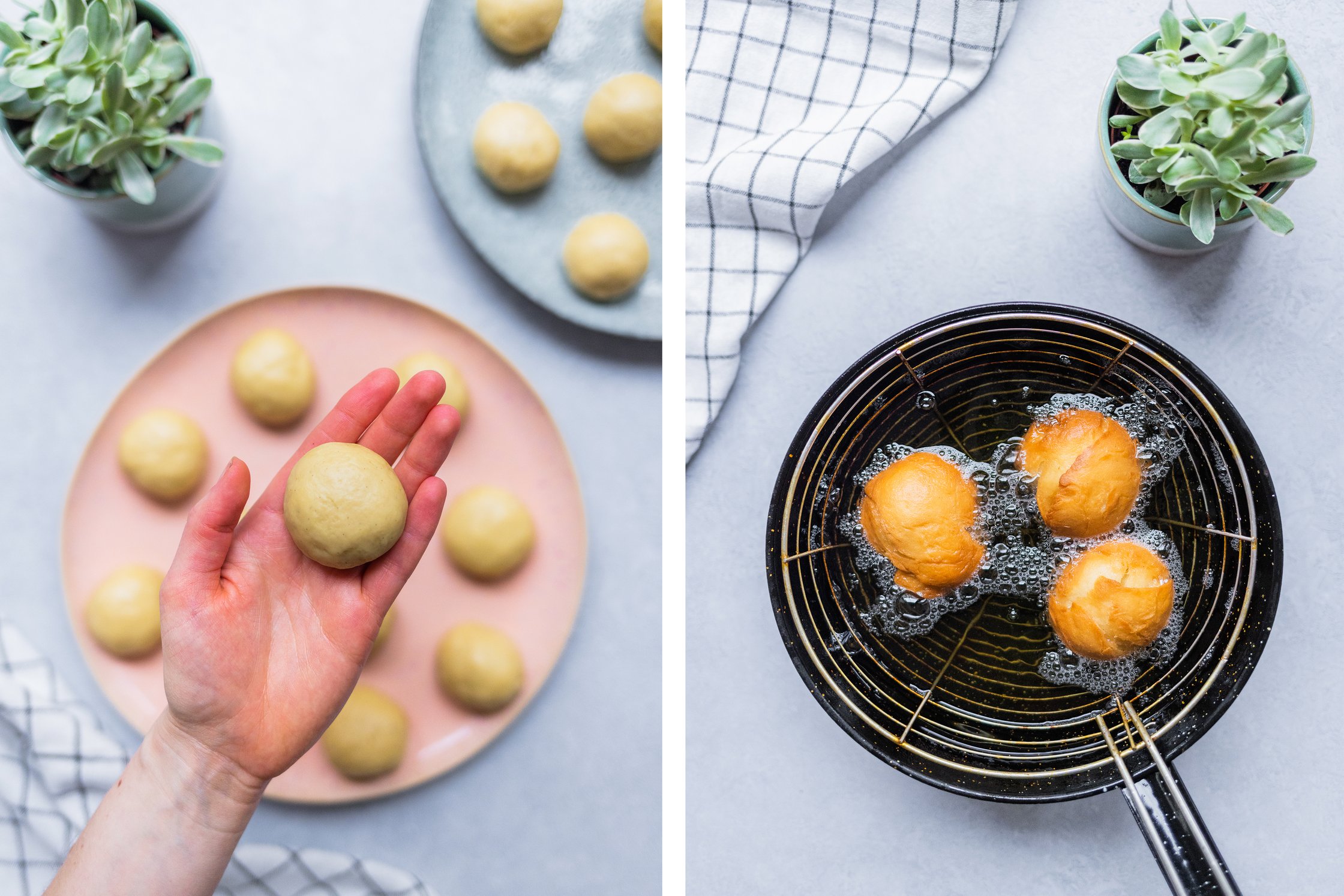 Veganer Hefeteig wird zu kleinen Berlinern geformt und anschließend frittiert.