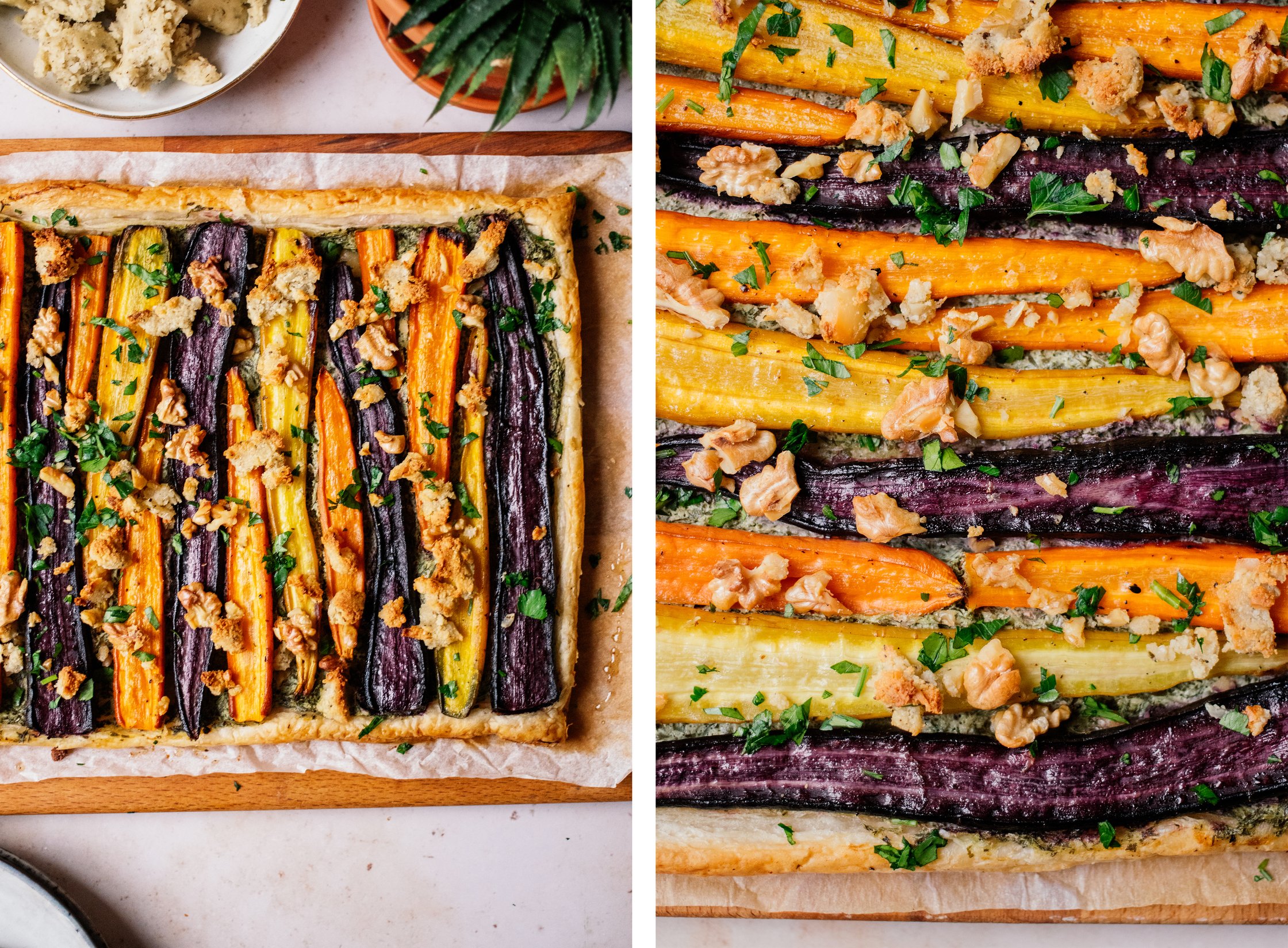 nahaufnahme von Möhrentarte mit Dinkel-Blätterteig und veganem Fetakäse