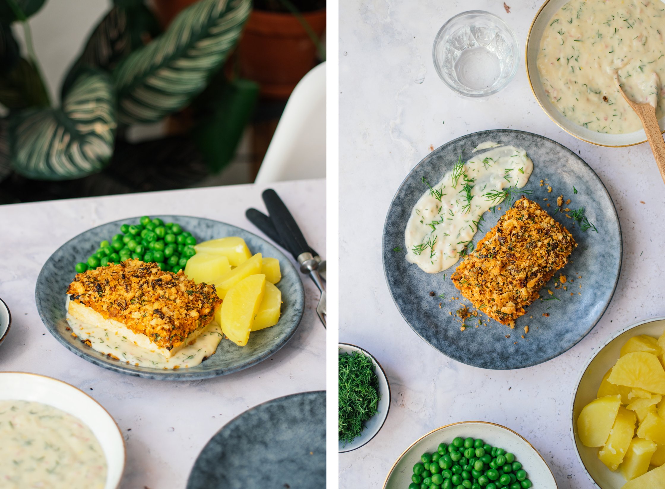 Tofu à la Bordelaise mit Zitronen-Senf-Soße, Kartoffeln und Erbsen serviert auf einem teller