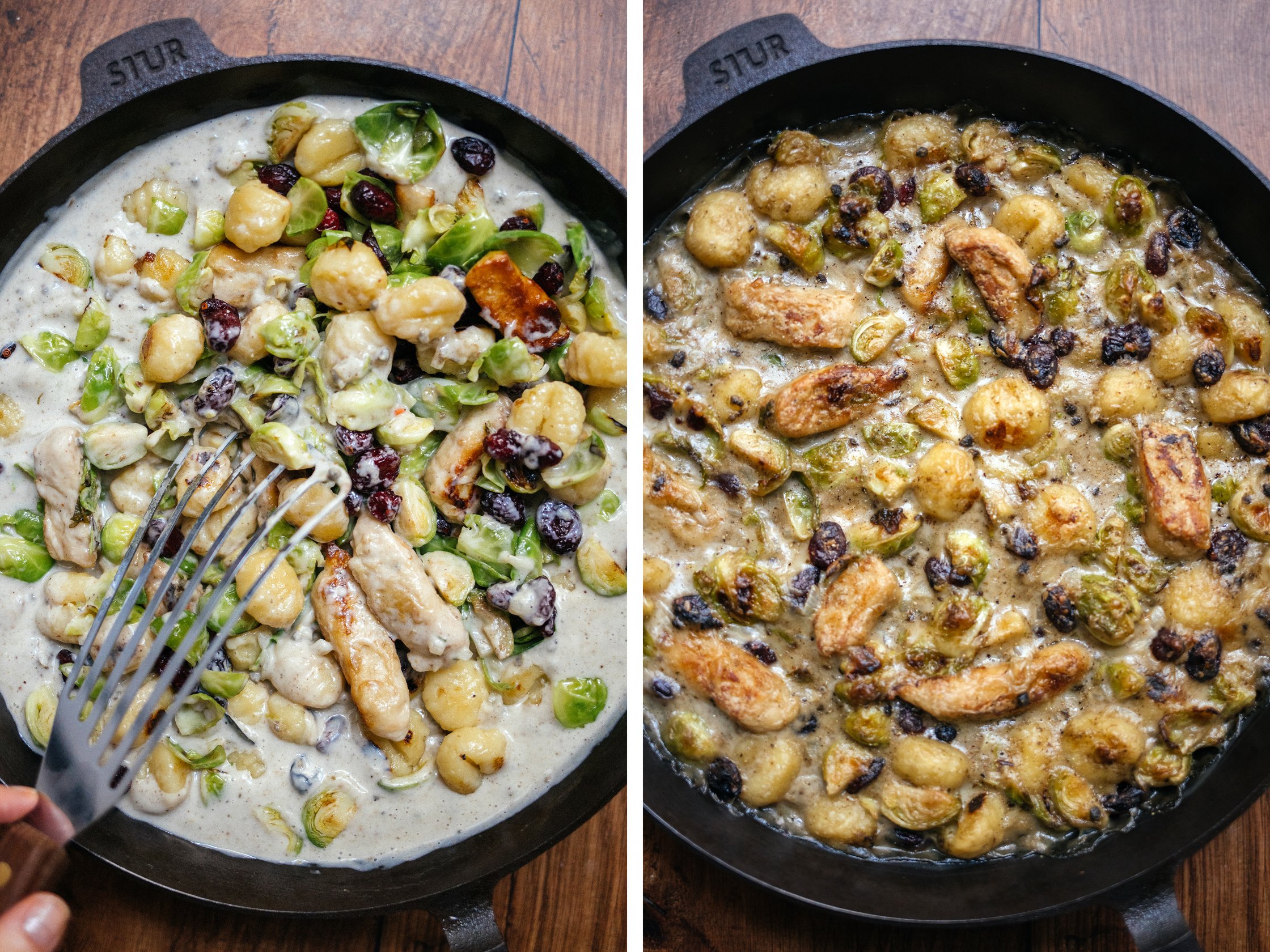 tossing gnocchi, brussels sprouts and vegan chicken with cream sauce