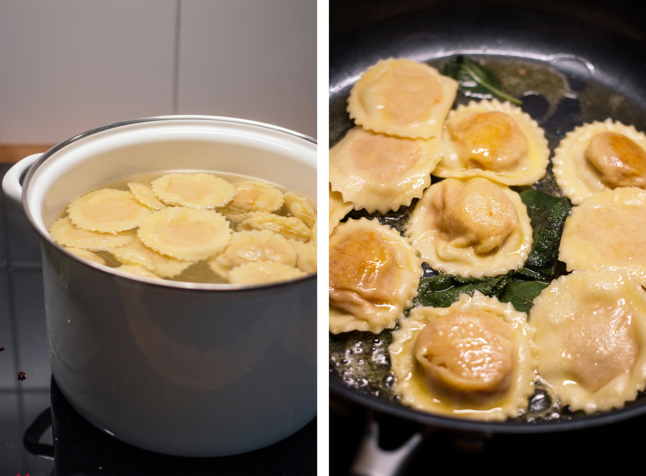 boiling vegan pumpkin ravioli and frying them in sage butter