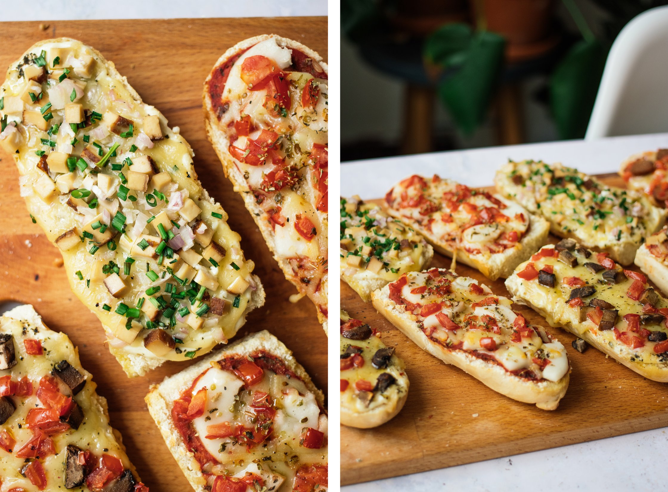 Vegan French Bread Pizza with vegan cheese, tofu, onions and chives