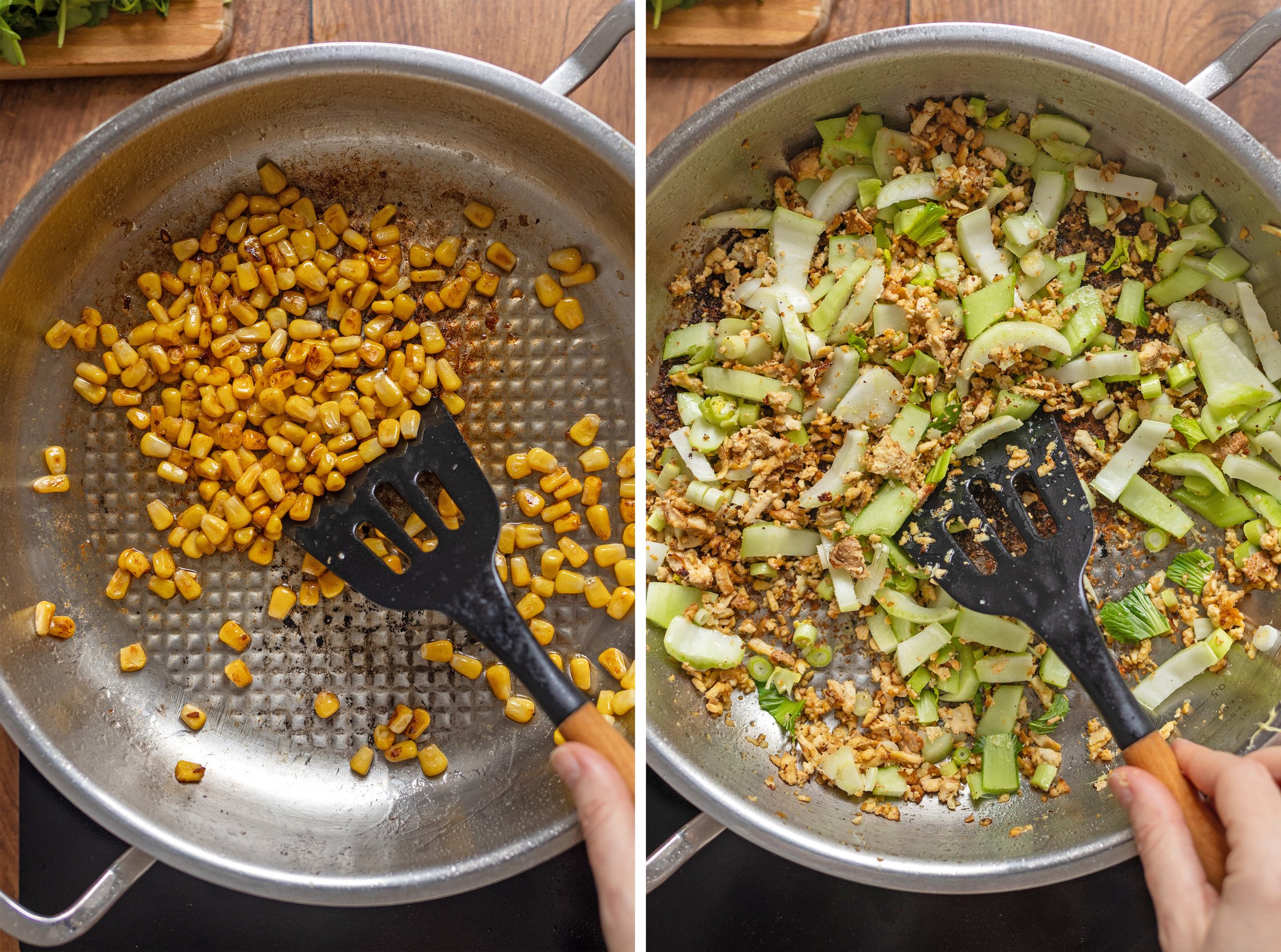 ingredients for curry with udon noodles are fried in a pan