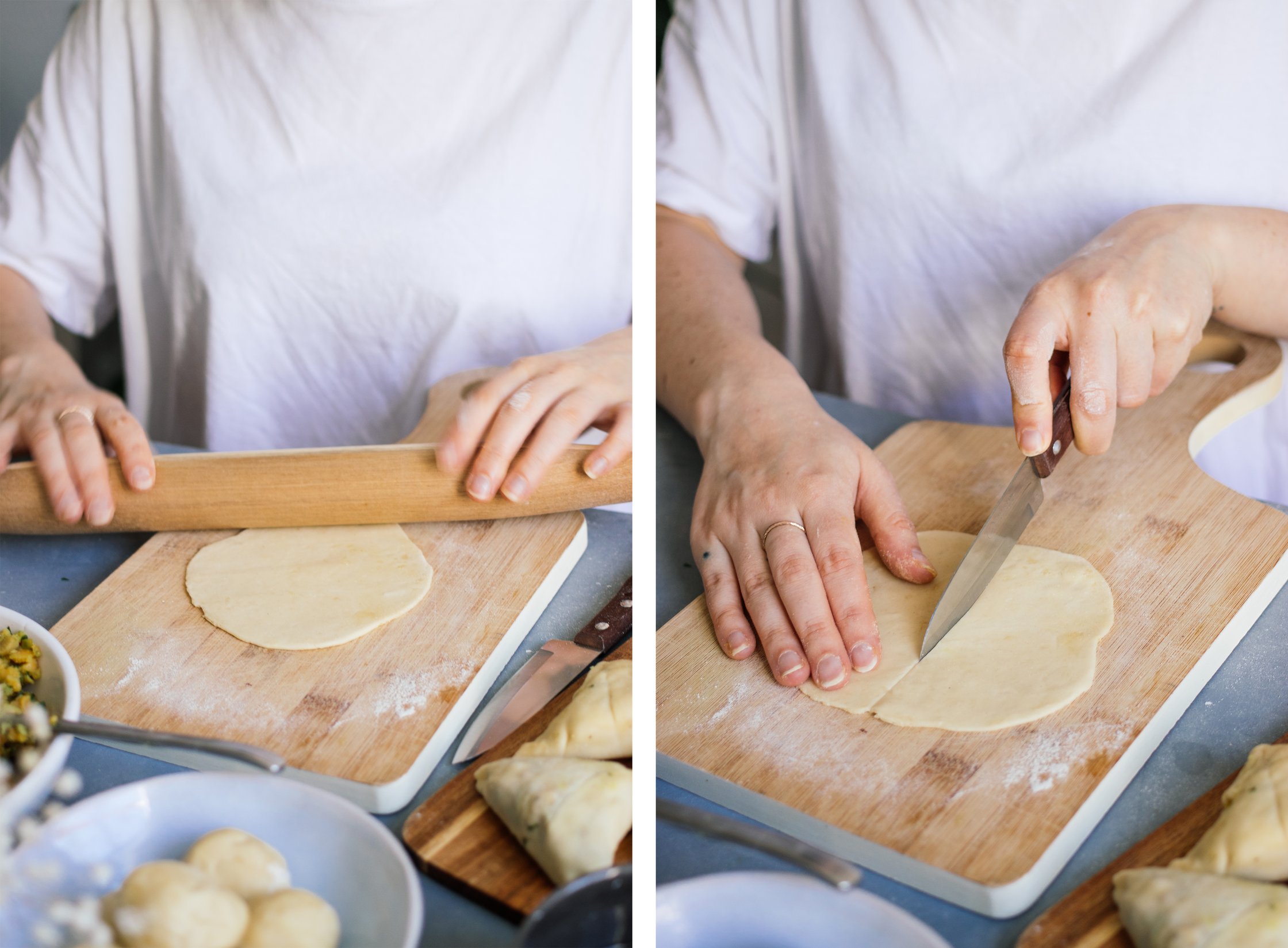 rolling out and cutting dough for vegan samosas