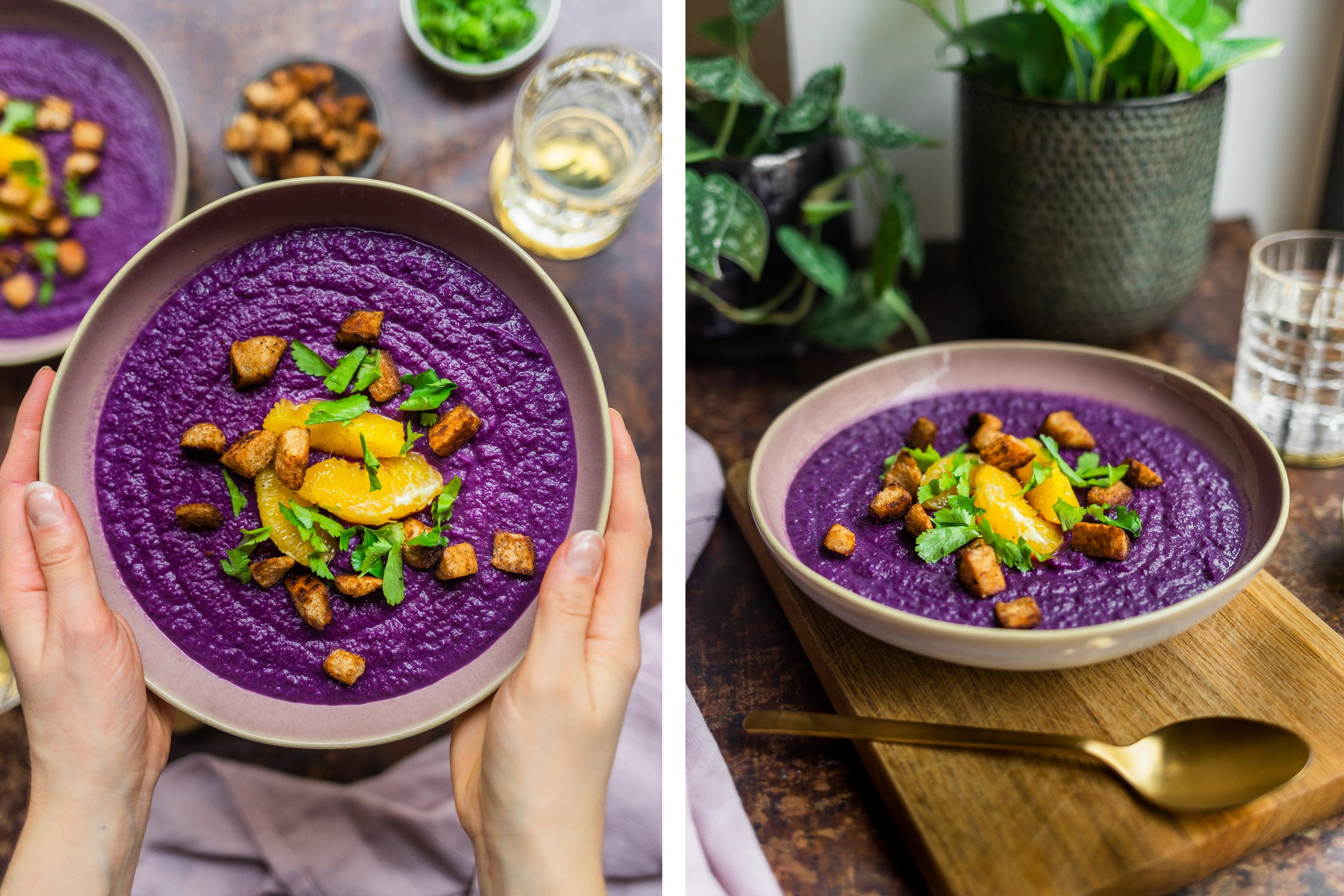 Vegan red cabbage soup with cinnamon croûtons is served.