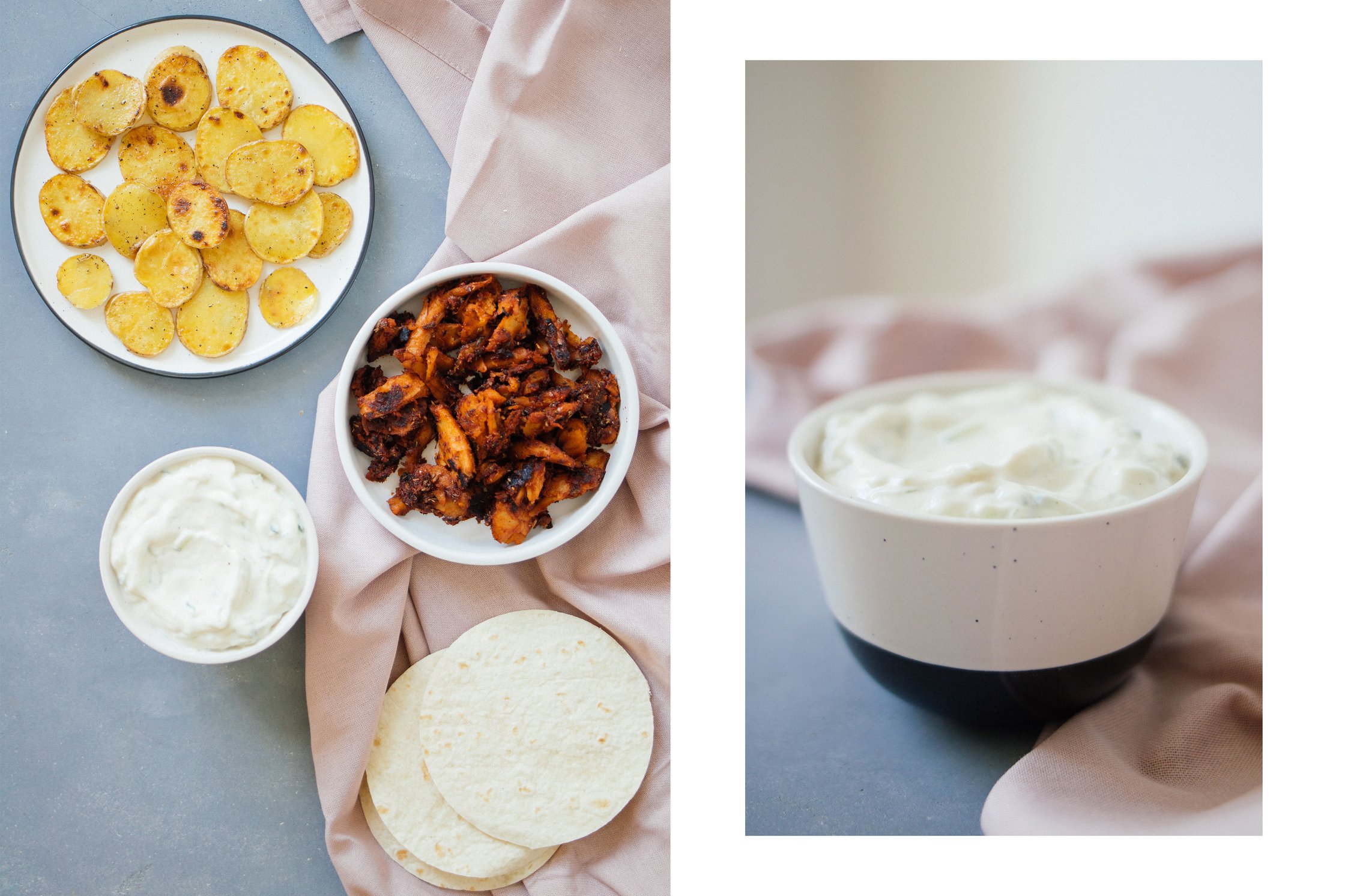 potato slices next to gyros meat and tzatziki