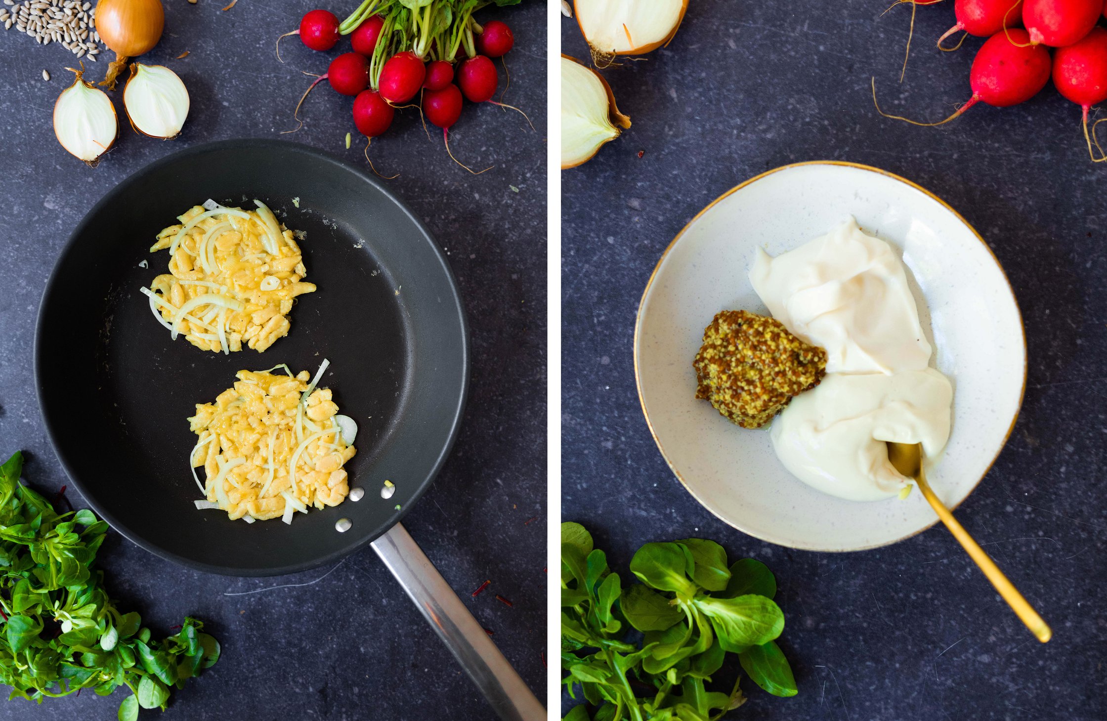 frying hash browns and mixing vegan curd