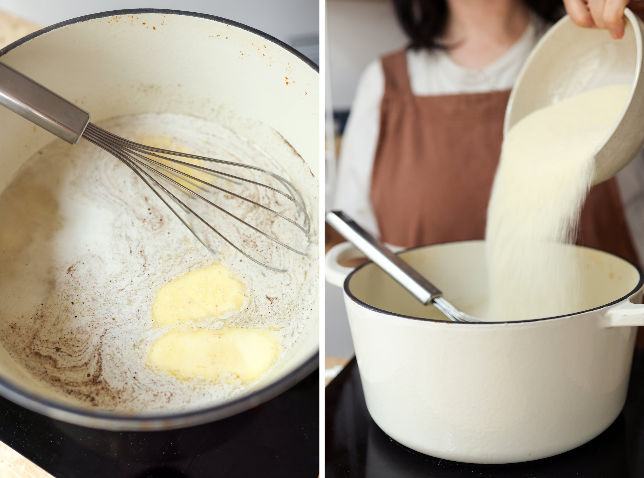 adding semolina to the pot of butter and plant based milk