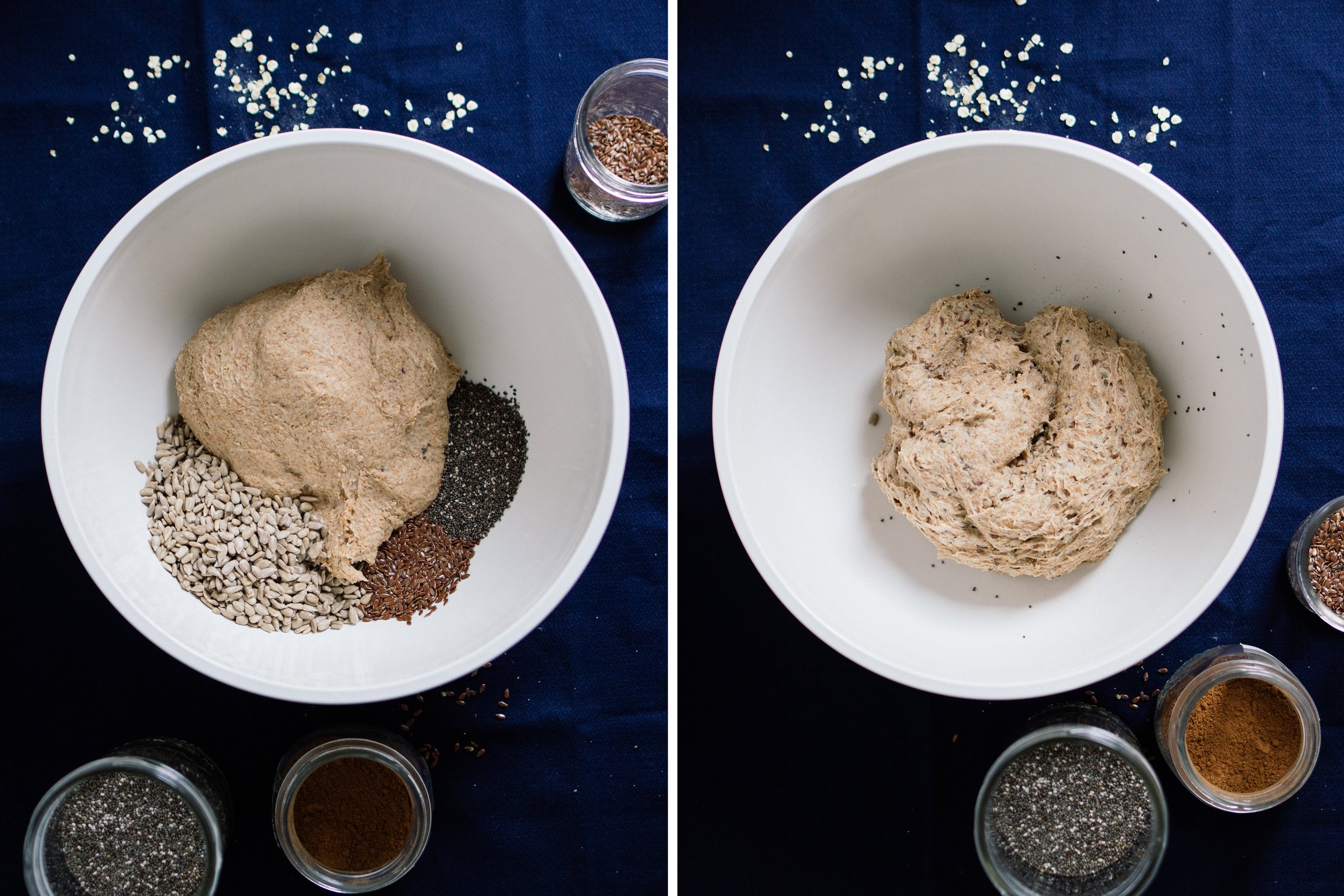 on the left is a bowl with all the ingredients, on the right is a bowl with the kneaded dough