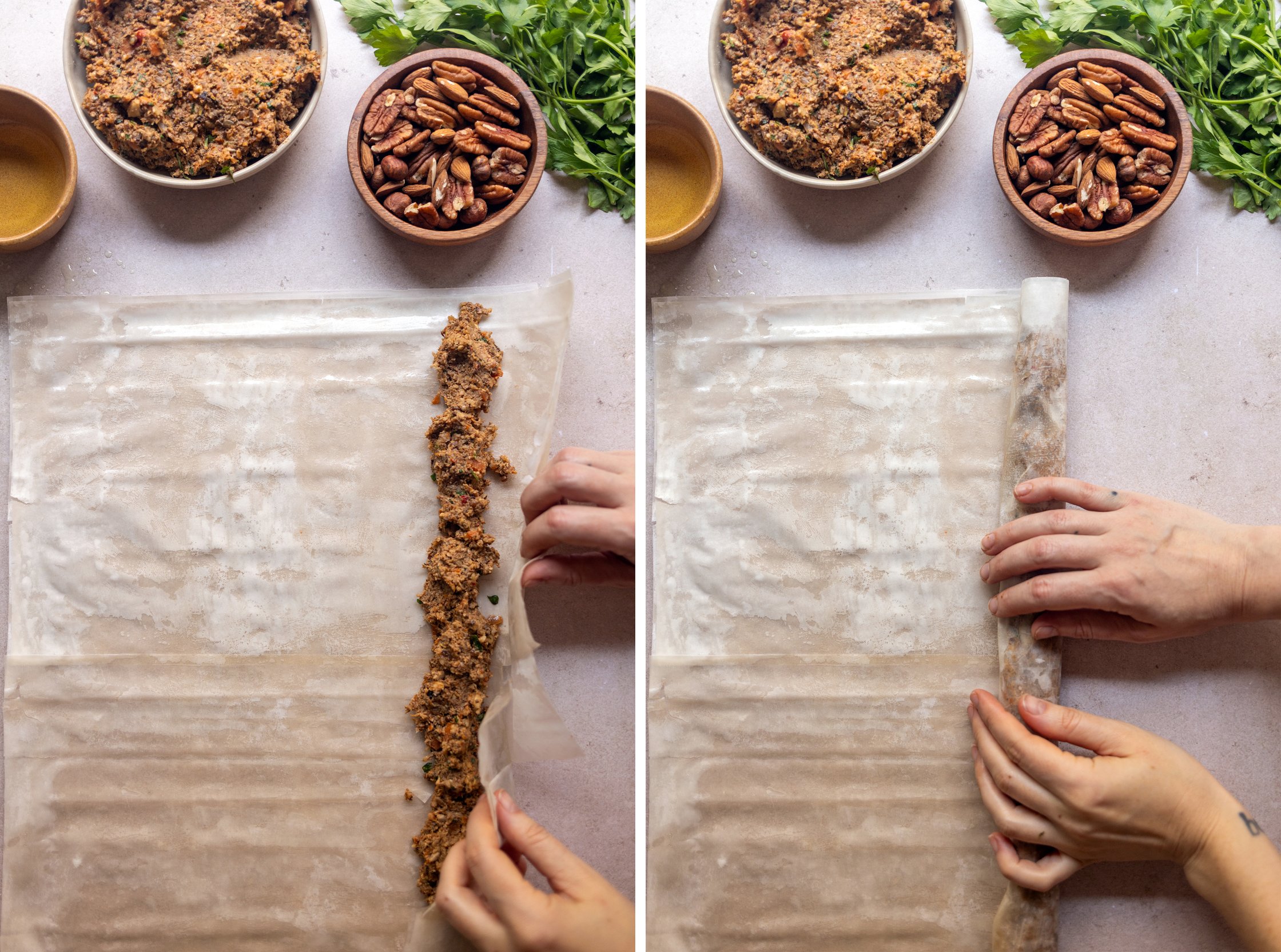 wrapping nut roast filling into phyllo dough