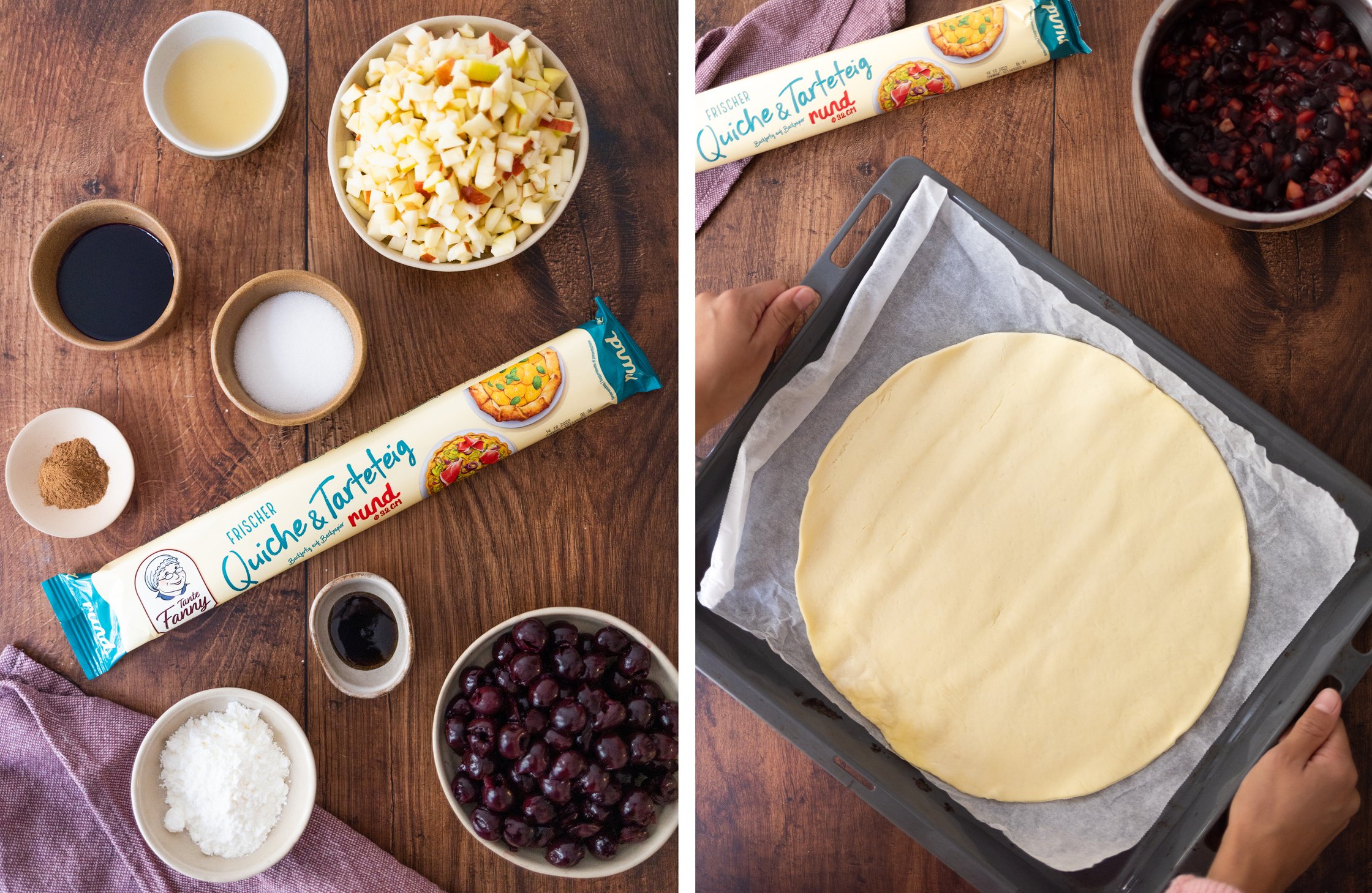 zutaten für den veganen Hand Pie: Kirschen, Äpfel, Zimt, Zitronensaft, vanillepaste, Zucker, quicheteig, speisestärke