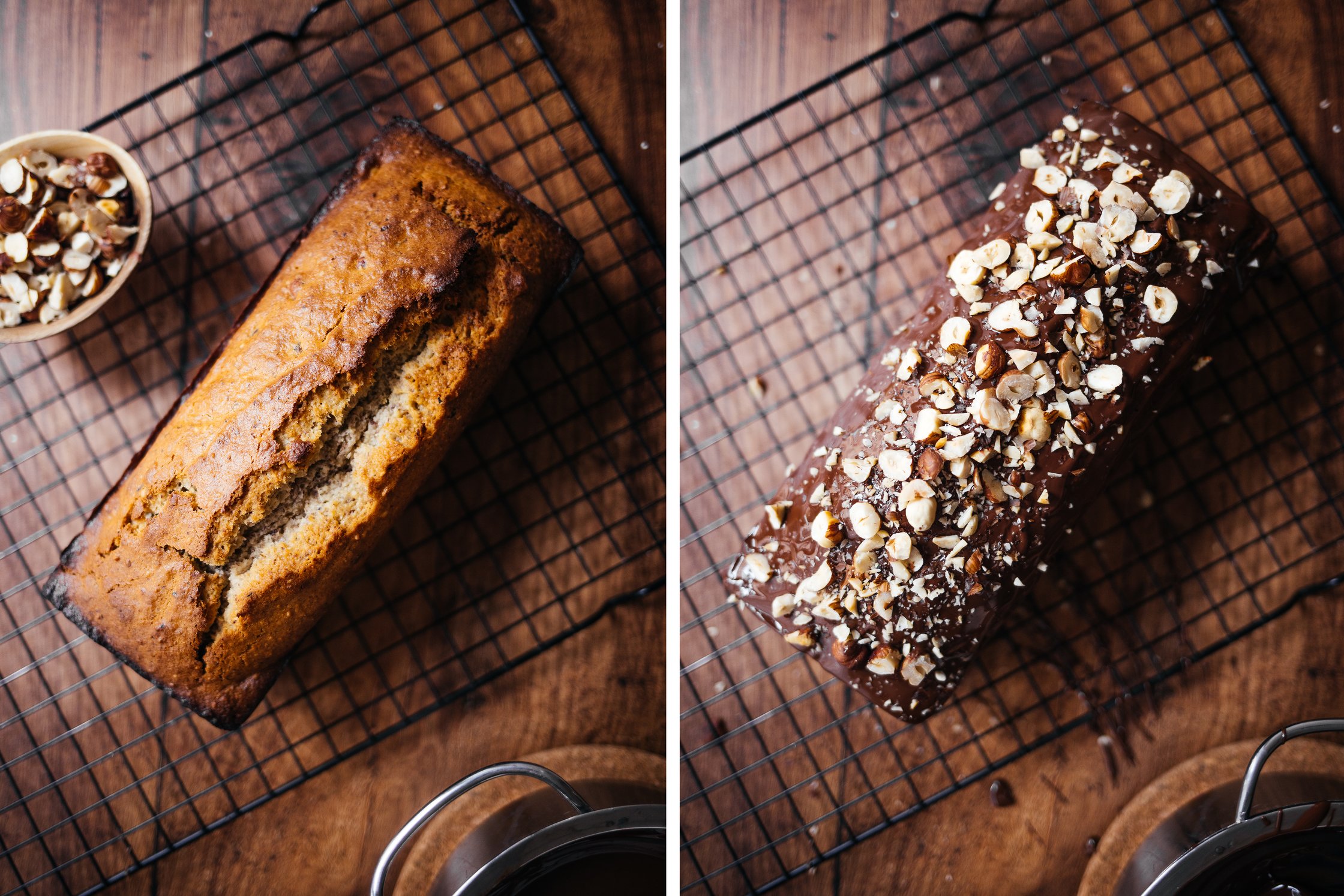 vegan hazelnut cake with melted chocolate and chopped hazelnu