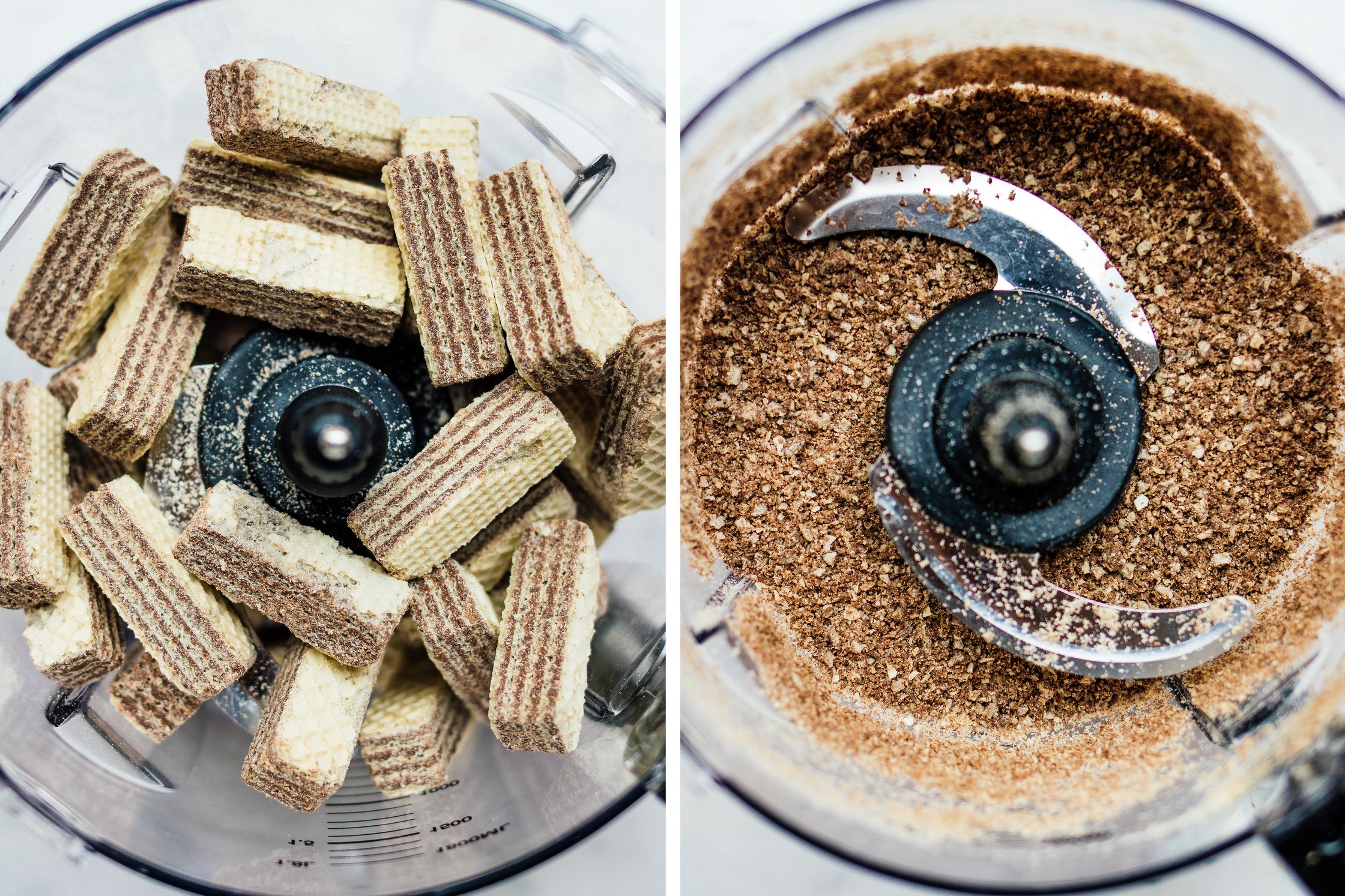 Manner Waffeln werden in Mixer zerkleinert