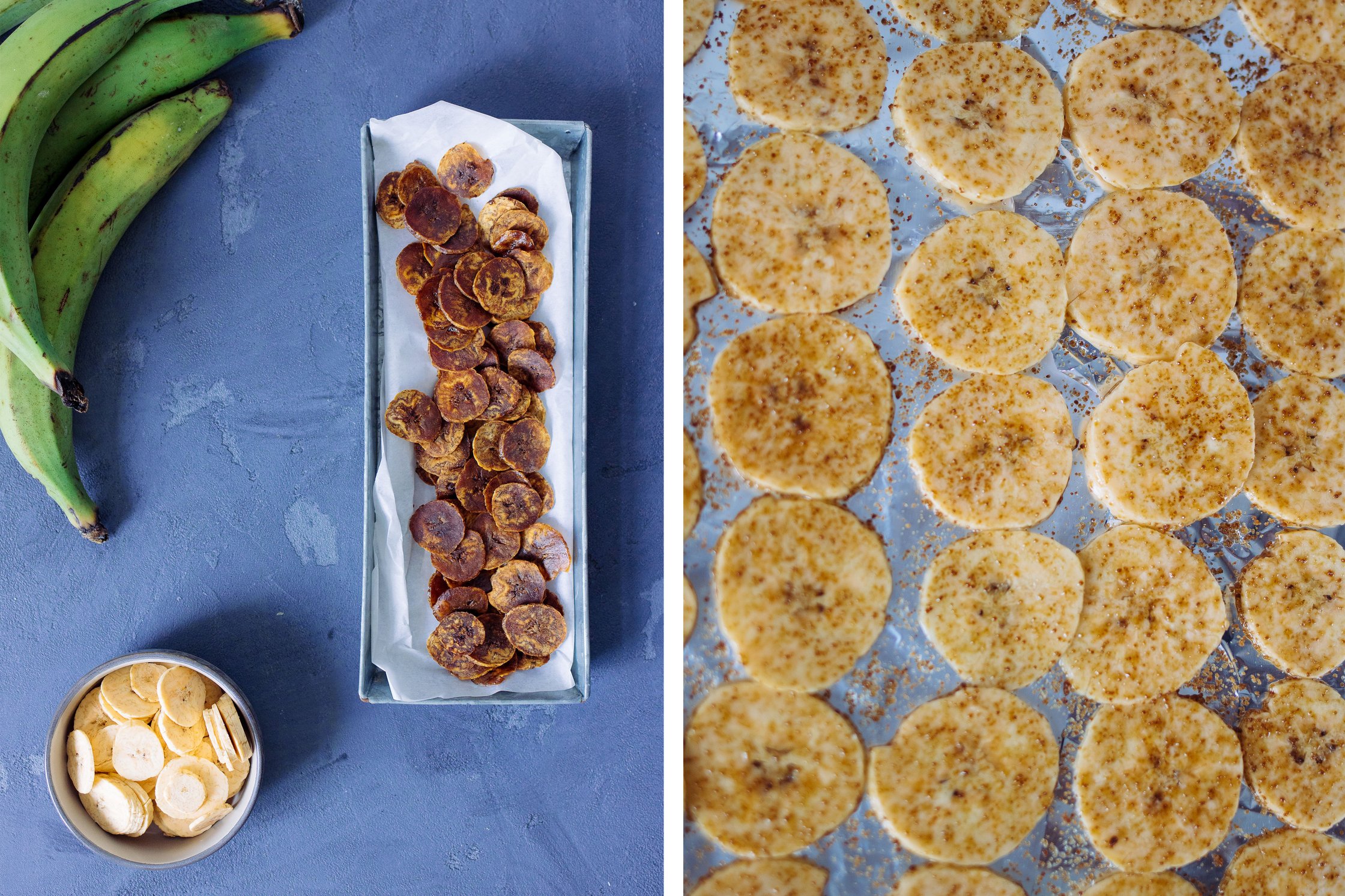 Plantain Chips vor und nach dem Backen