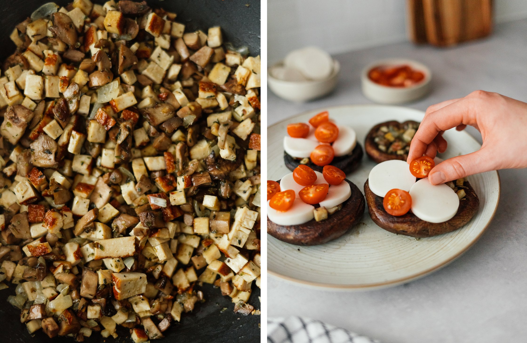 Tofustückchen braten; Pilze mit Tofu, Mozarella & Tomaten füllen