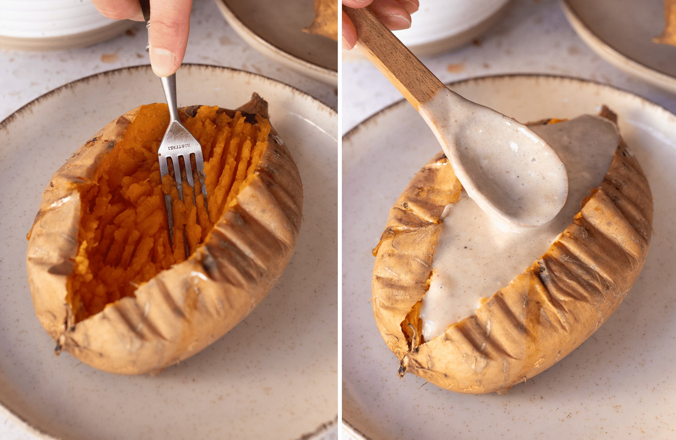 The flesh of a baked, halved sweet potato is mashed. A cream filling is spooned into the potato with a wooden spoon.