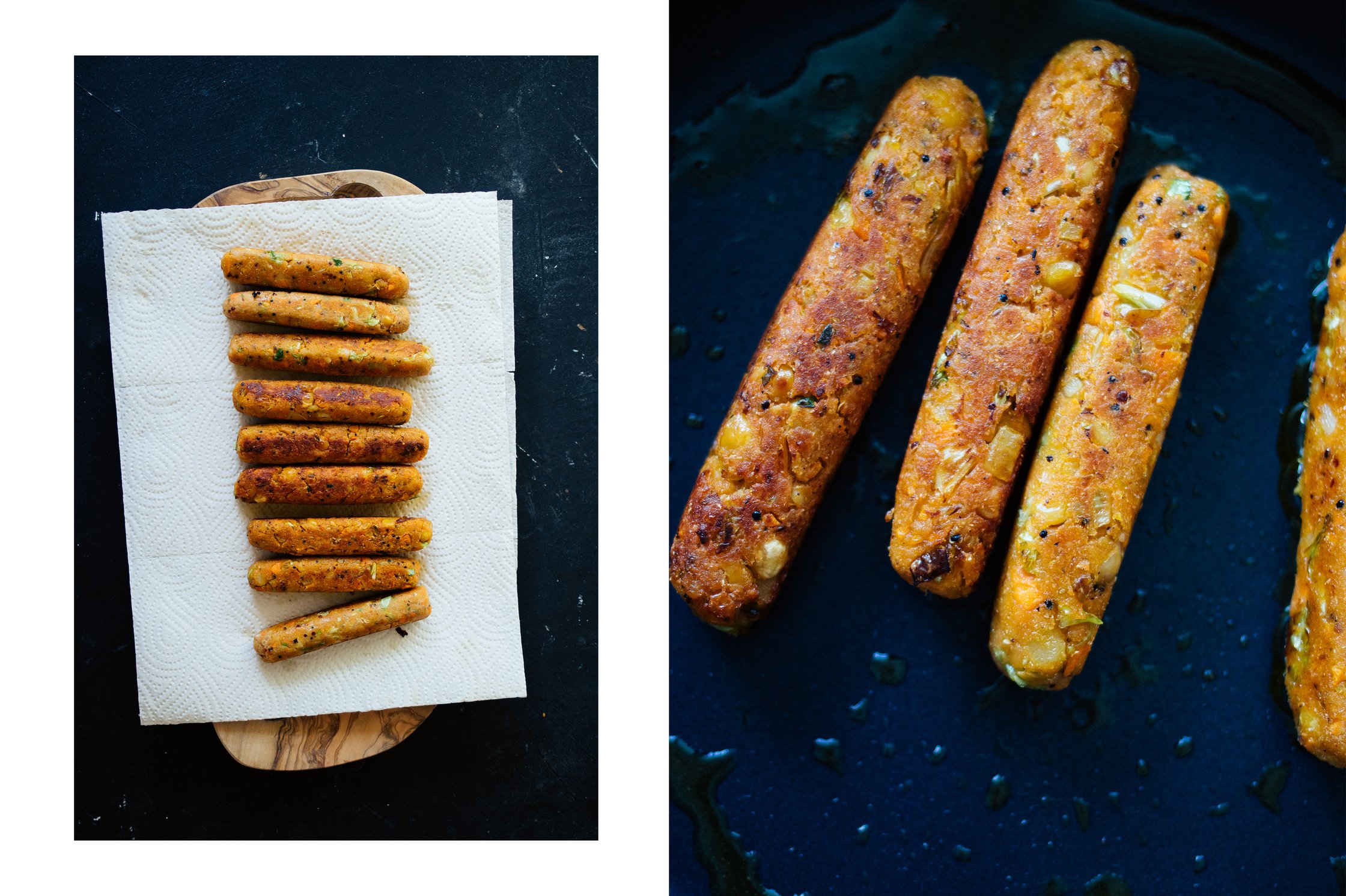 vegan veggie sausages fried in a pan