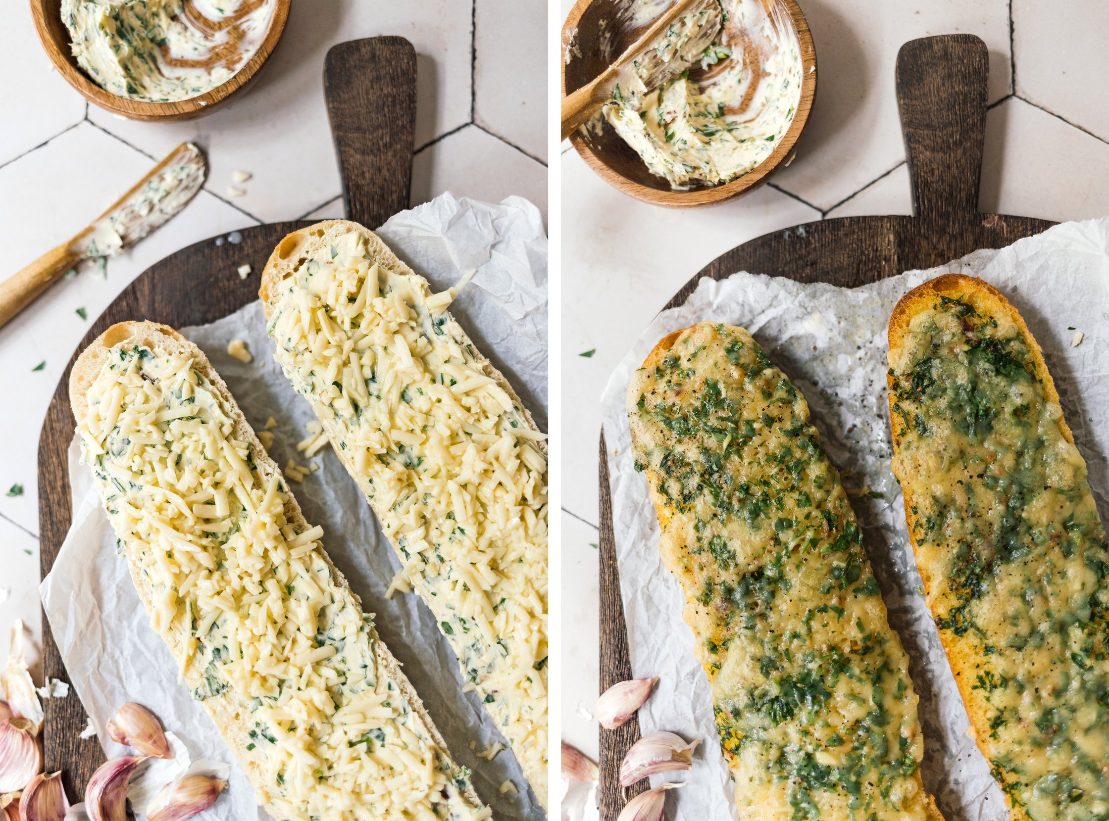 vegan herb and cheese baguette before and after baking