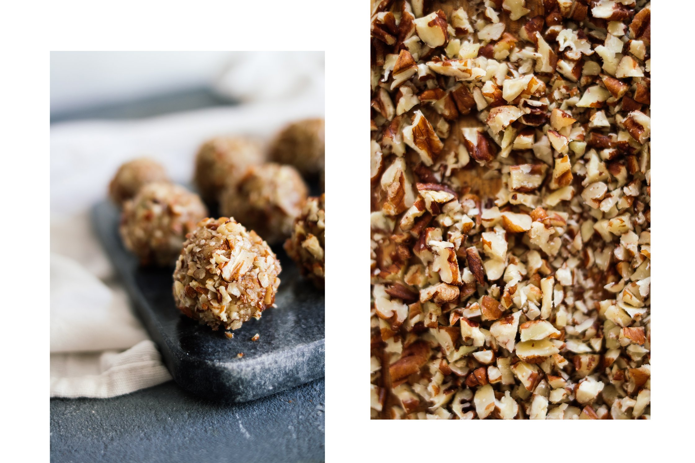 vegane Käsebällchen auf einem Teller angeordnet