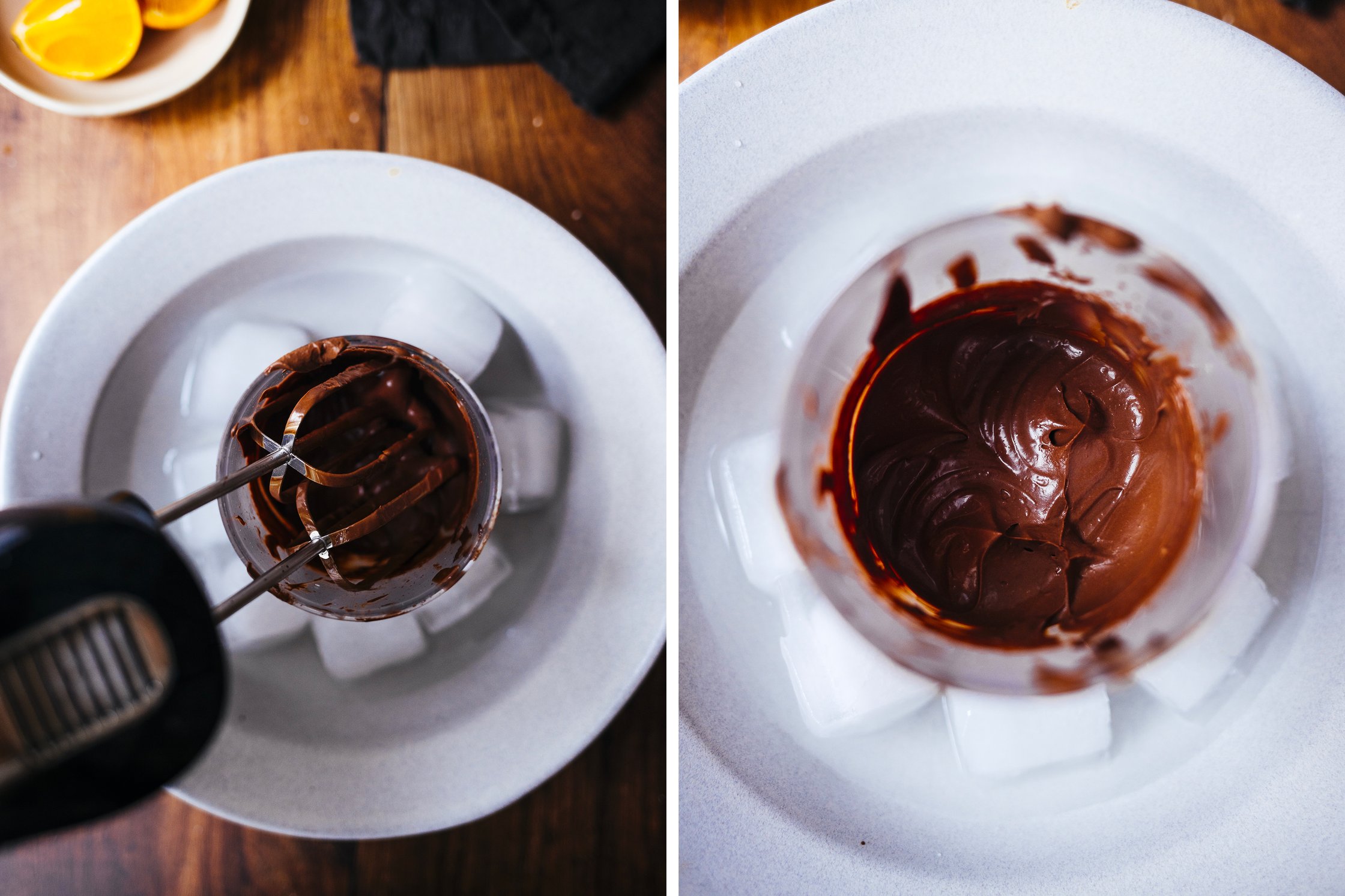 whipping vegan chocolate mousse in a ice bath