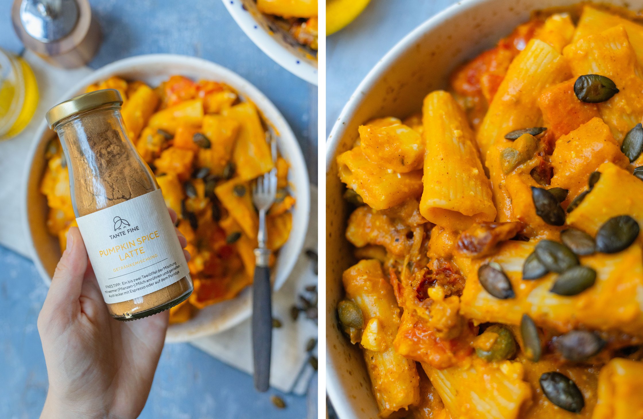 Pumpkin-Spice-Latte-Gewürz von Tante Fine; cremige Kürbis-Pasta in Nahaufnahme