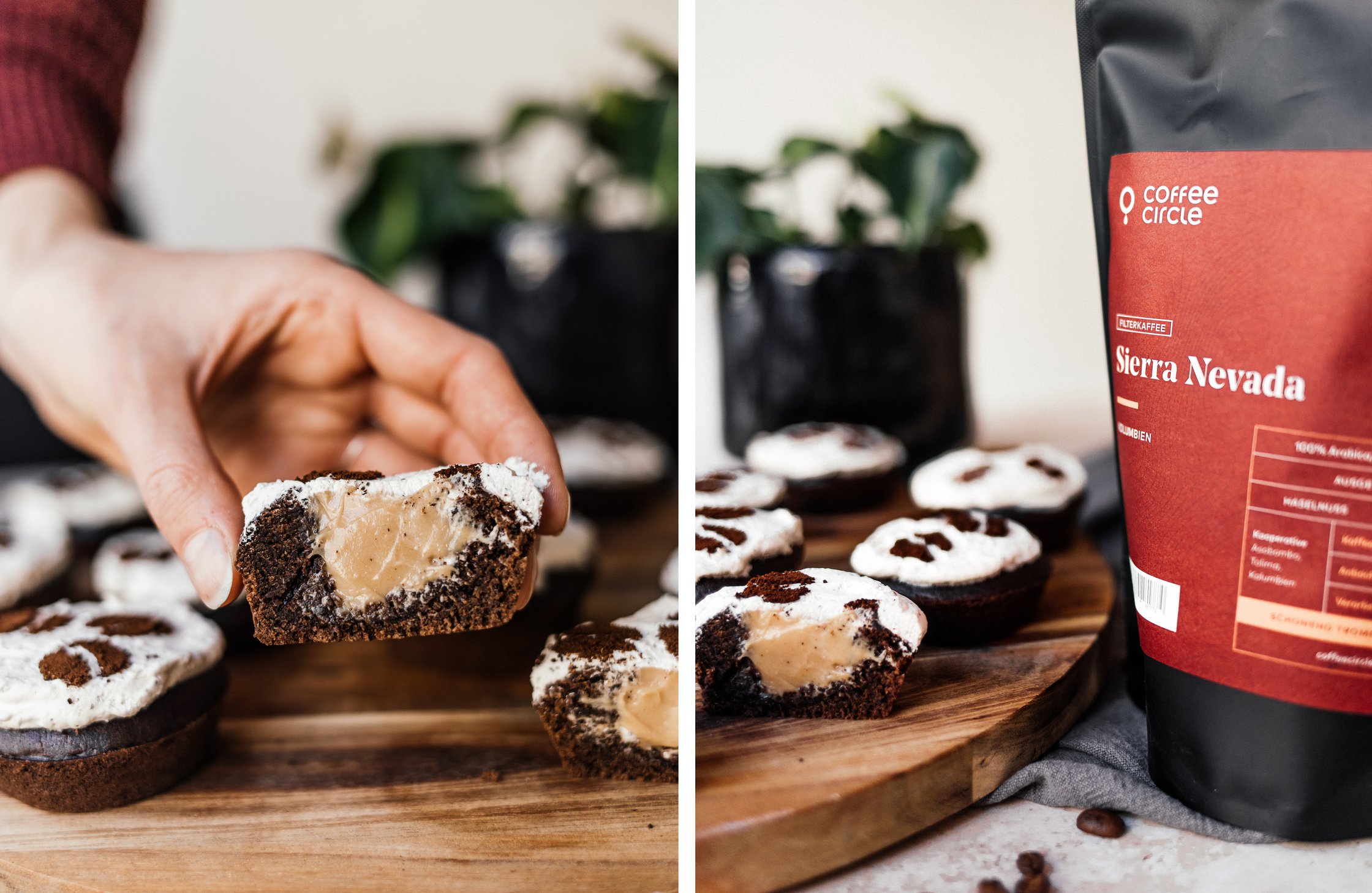 vegan coffee muffins with salted caramel core cut open