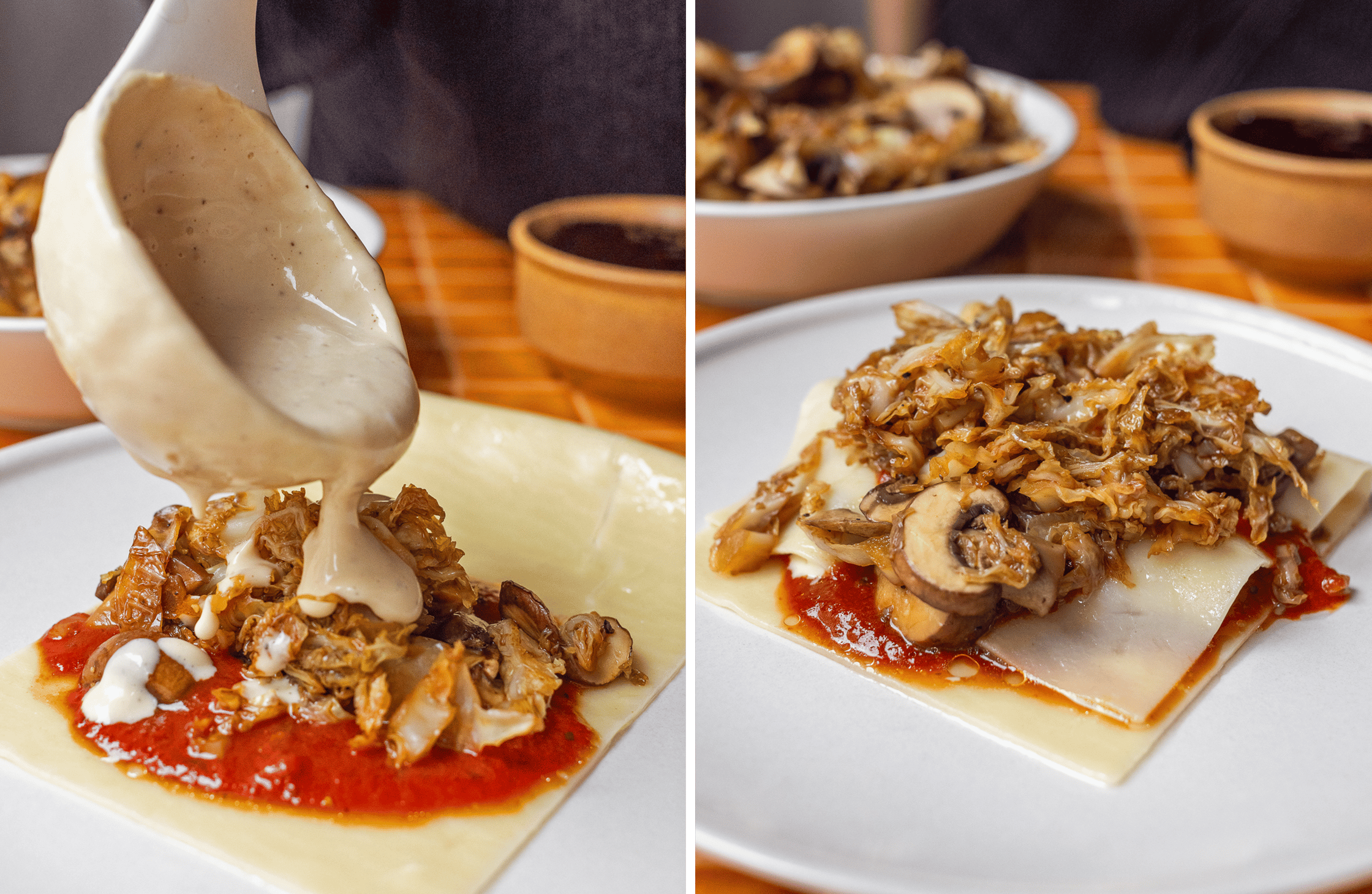 Offene Lasagne mit Tomatensoße, Wirsing-Pilz-Mischung und cremiger veganer Béchamelsoße – Schicht für Schicht ein Genuss.