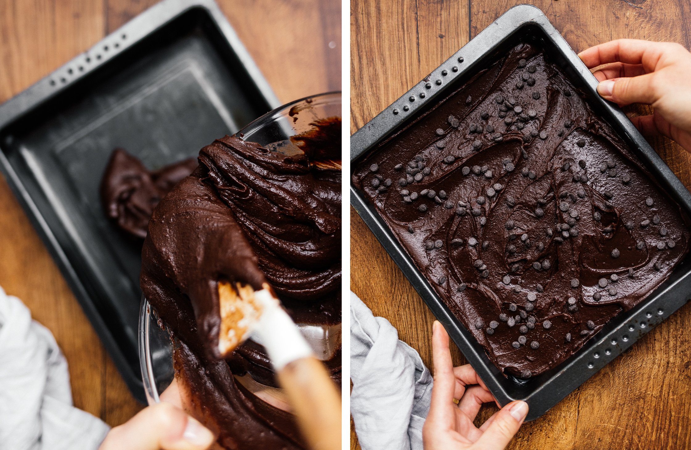pouring brownie dough into a baking dish and spreading chocolate drops