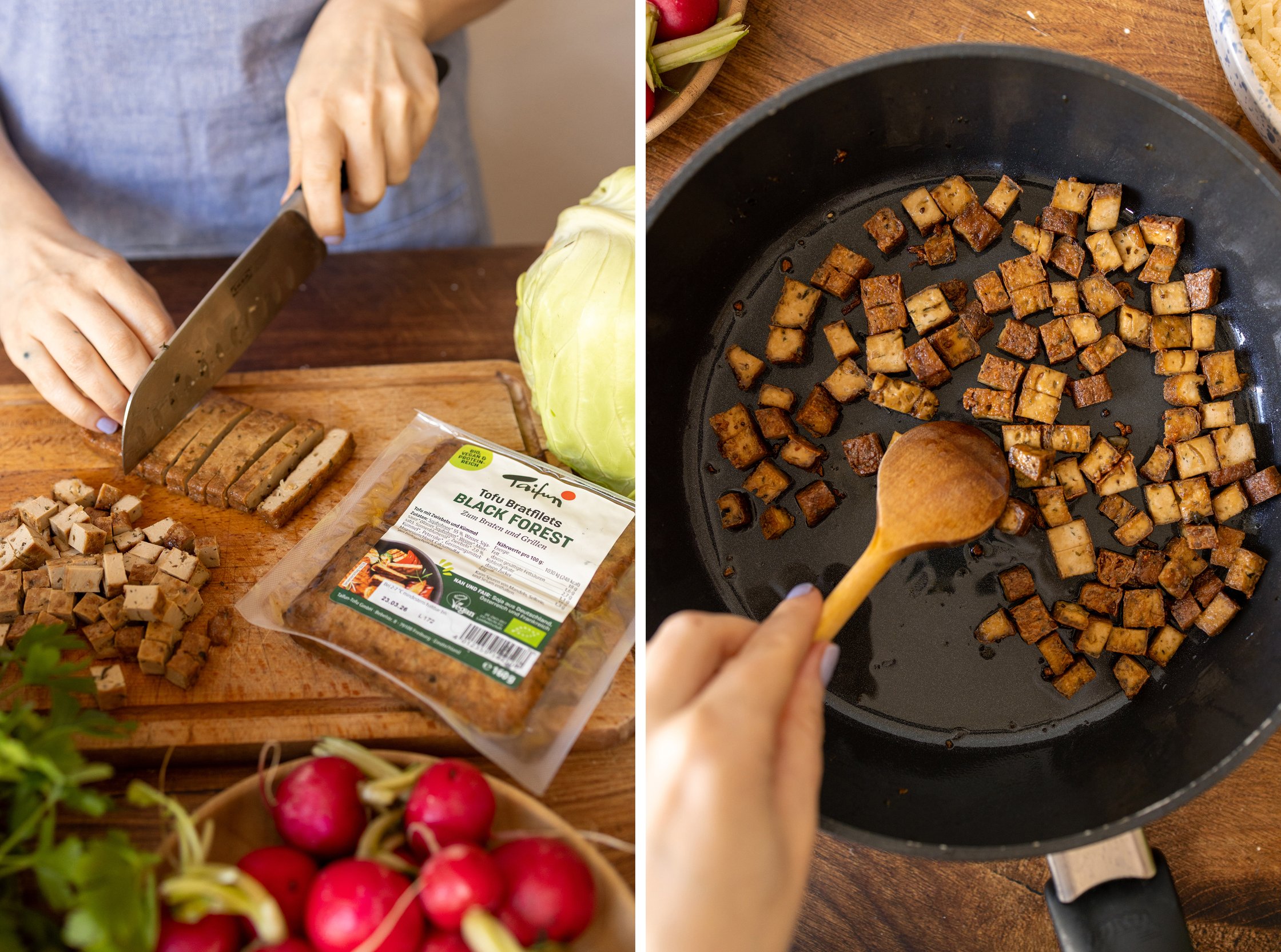 tofu für gefüllte brezeln wird geschnitten und angebraten