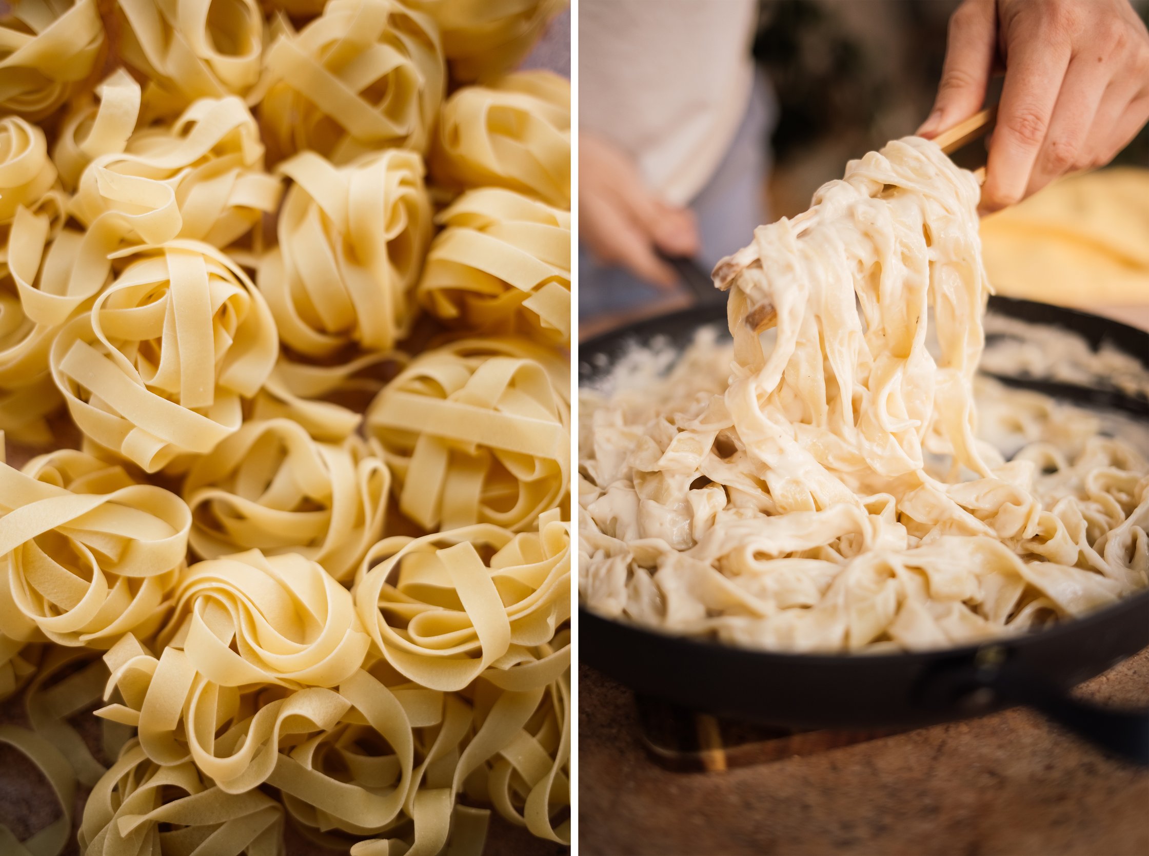 tossing pasta in vegan lemon sauce