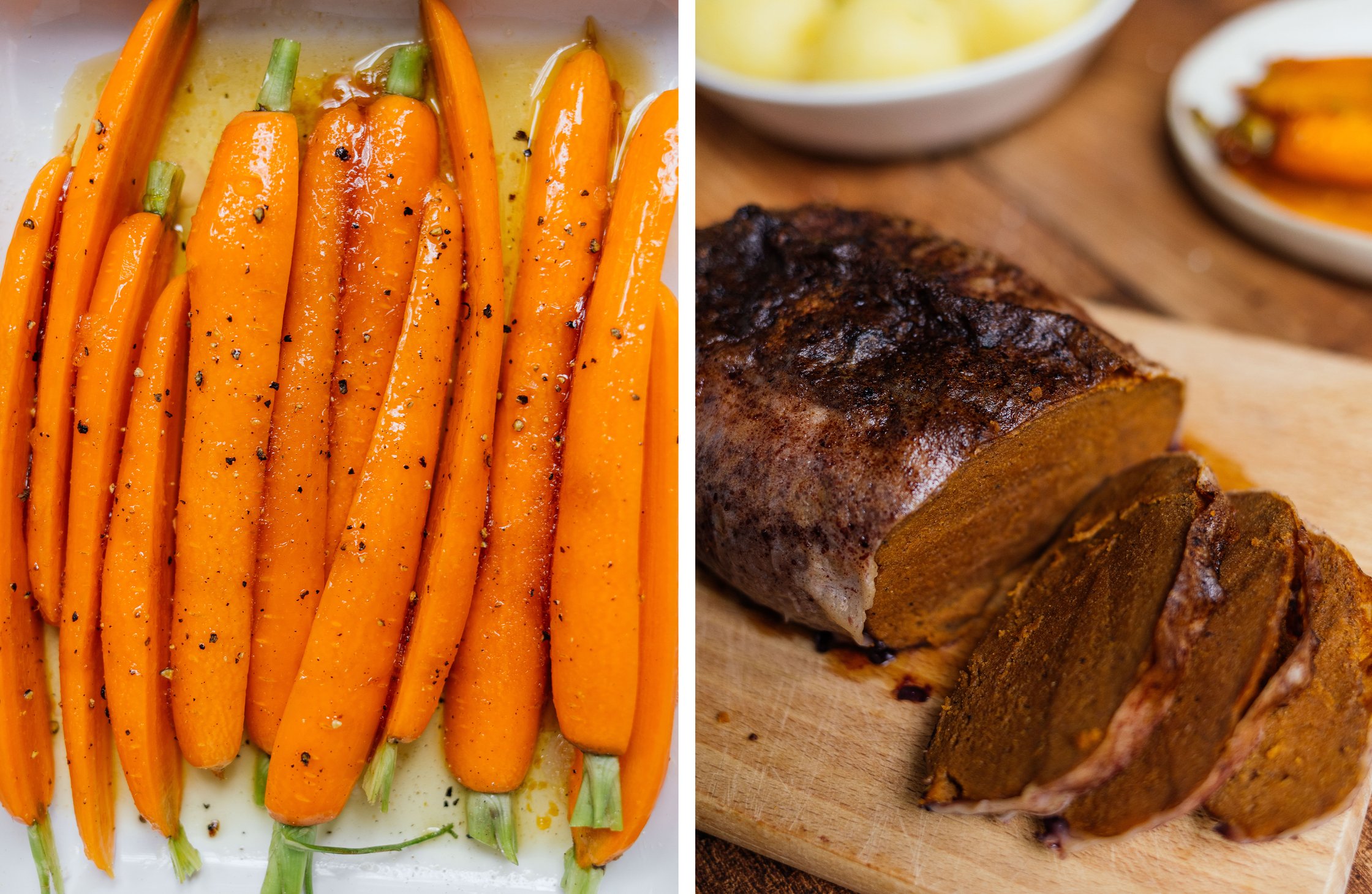 carrots before baking; vegan seitan roast cut
