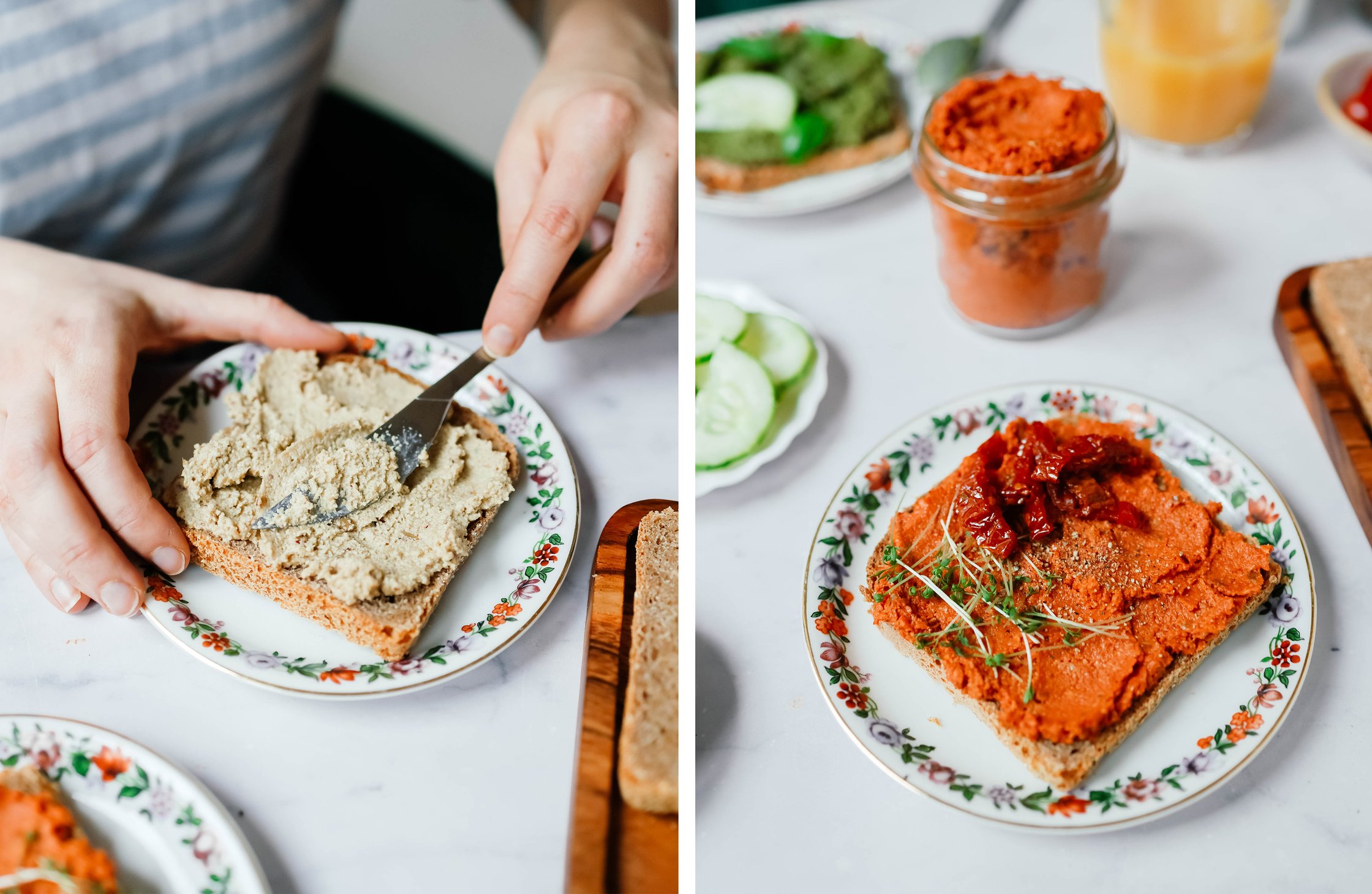 different spreads with bread and vegetables