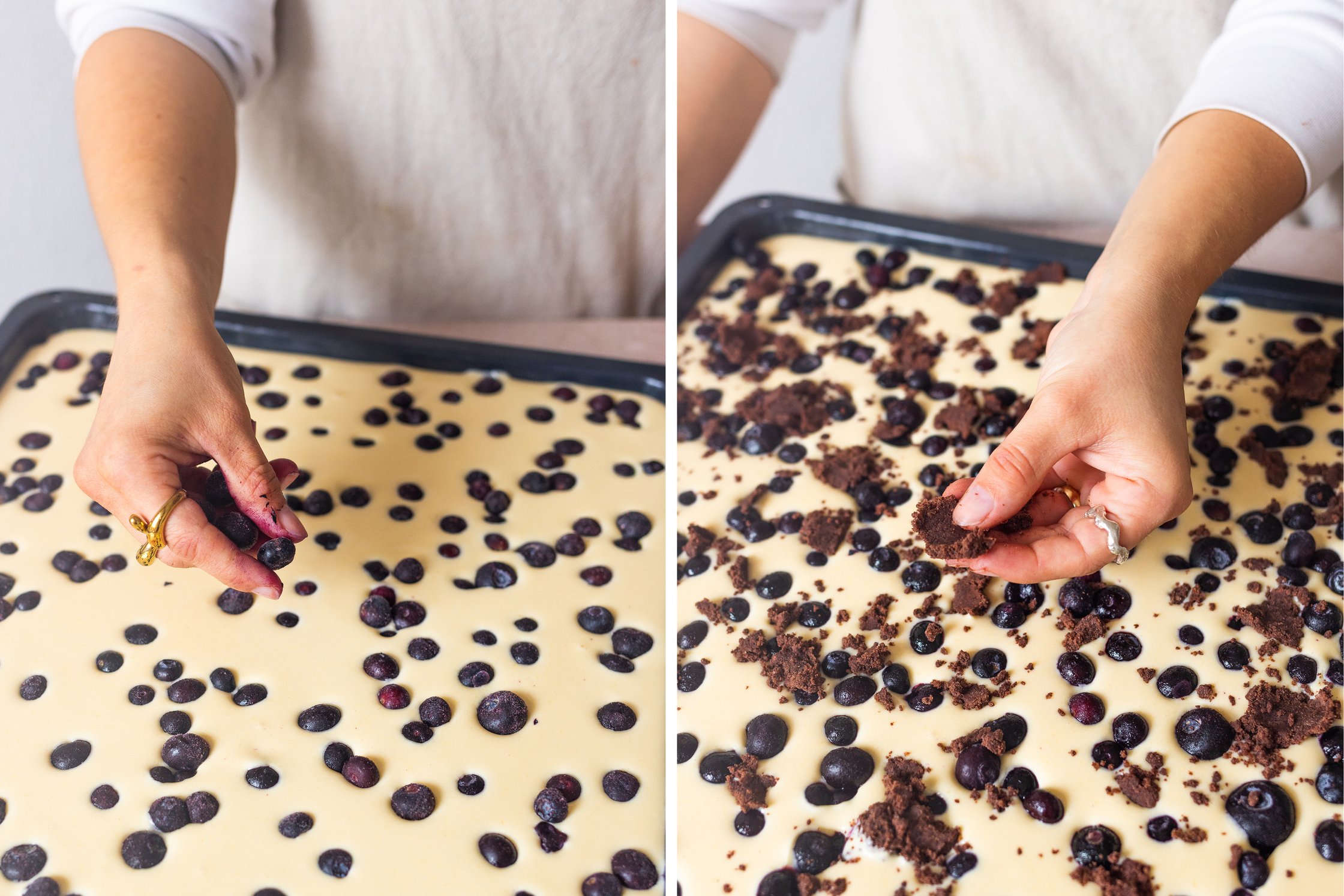 topping vegan cheesecake with blueberries and chocolate dough