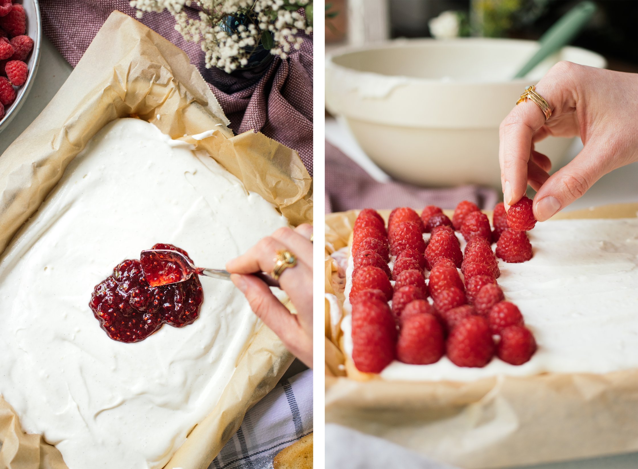 himbeeren auf creme legen