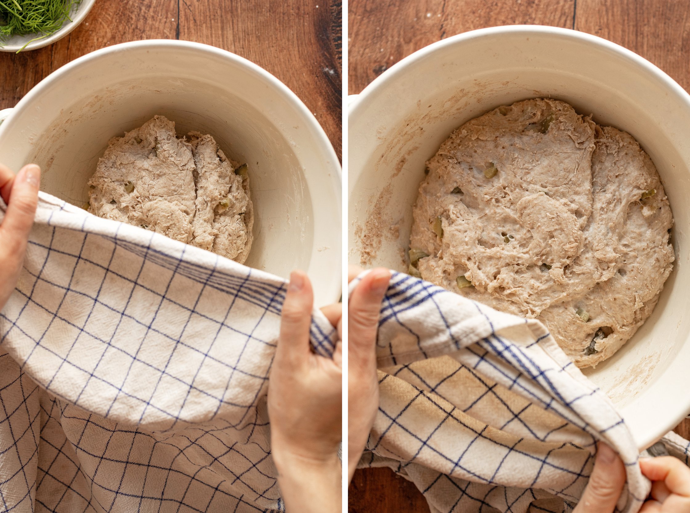 teig für selbstgebackene sonntagsbrötchen vor und nach der ruhezeit