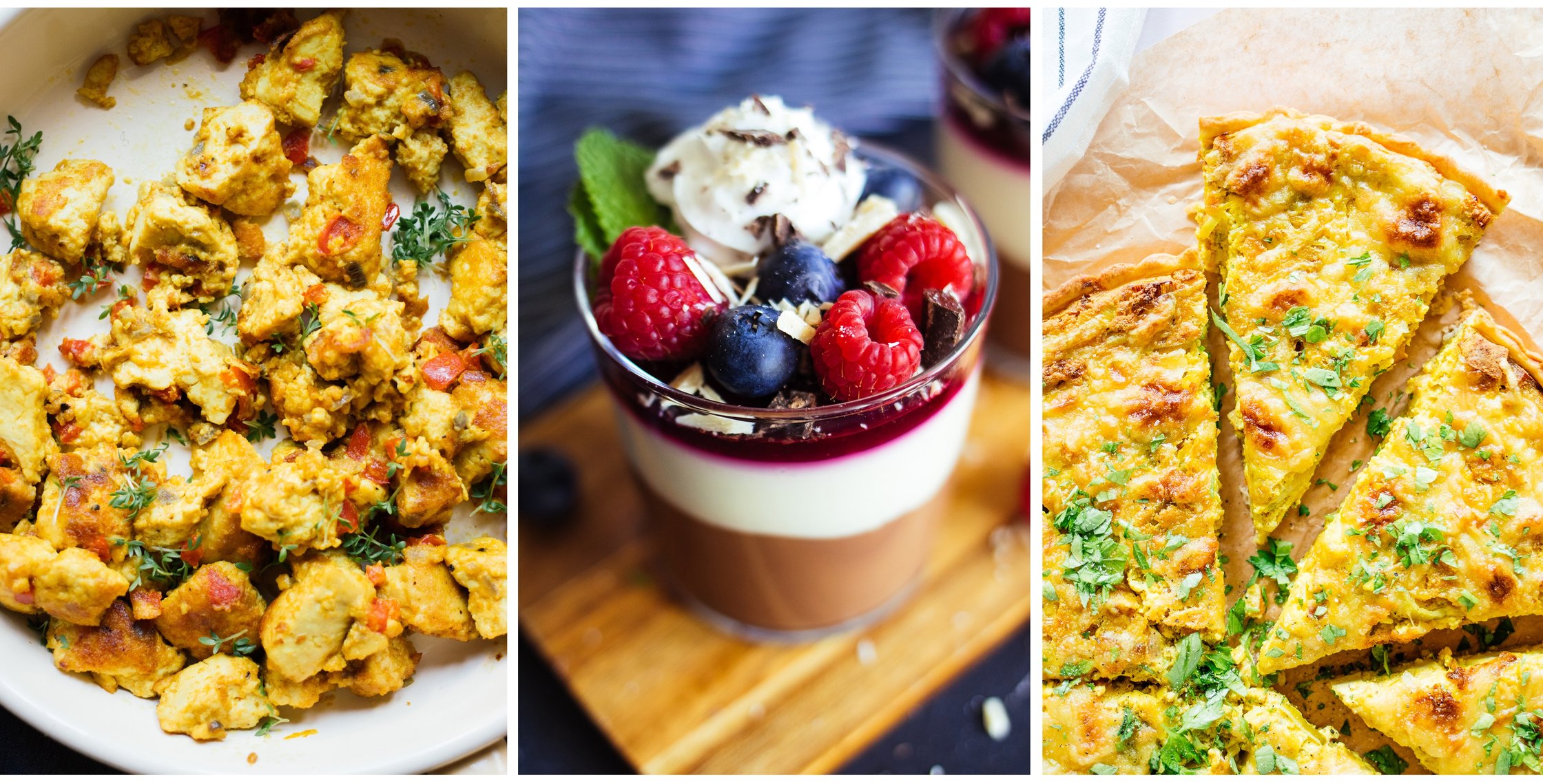 3 Rezeptfotos: Veganes Rührei, veganes Schokomousse, vegane Quiche Lorraine