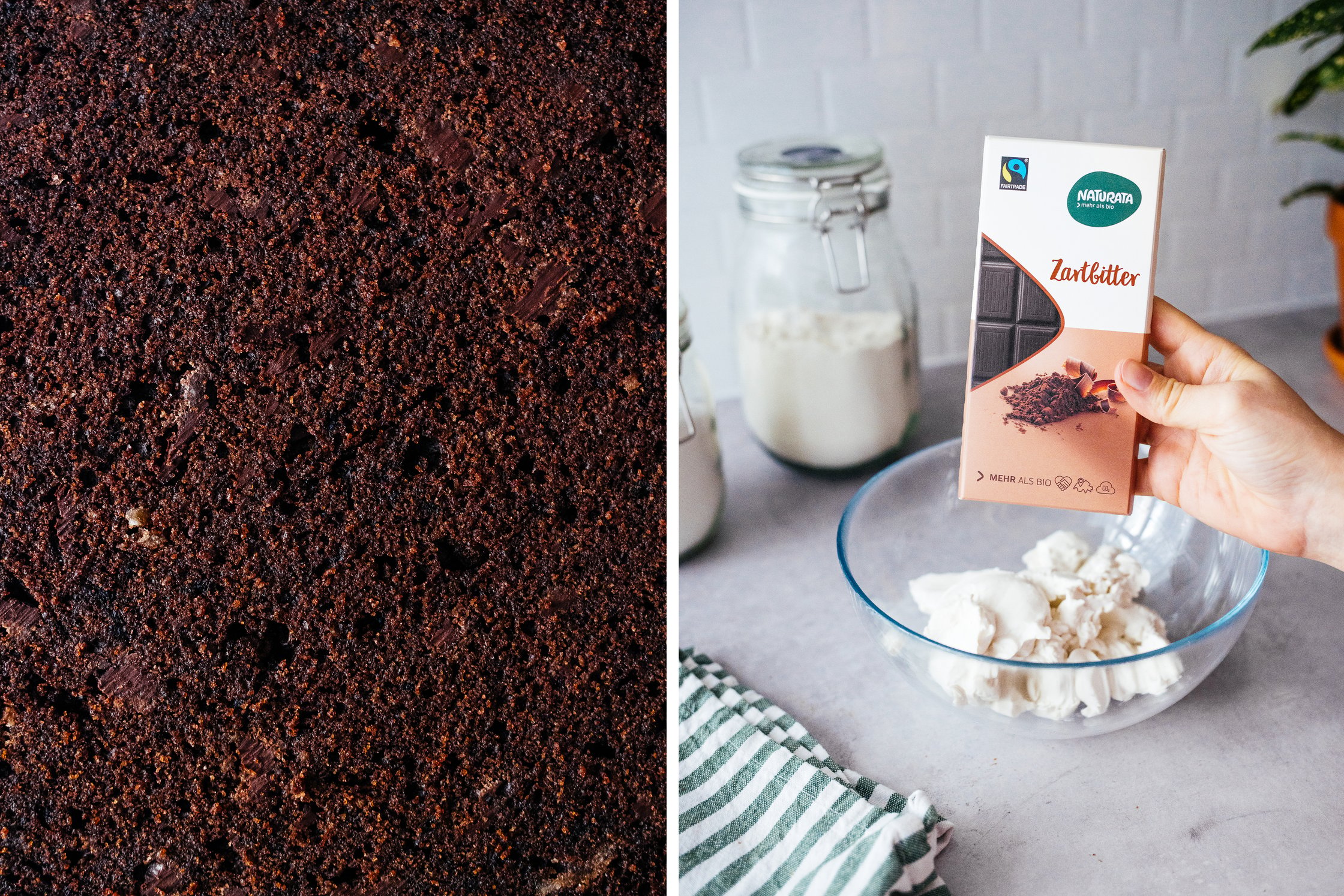 vegan chocolate cake next to a vegan chocolate bar