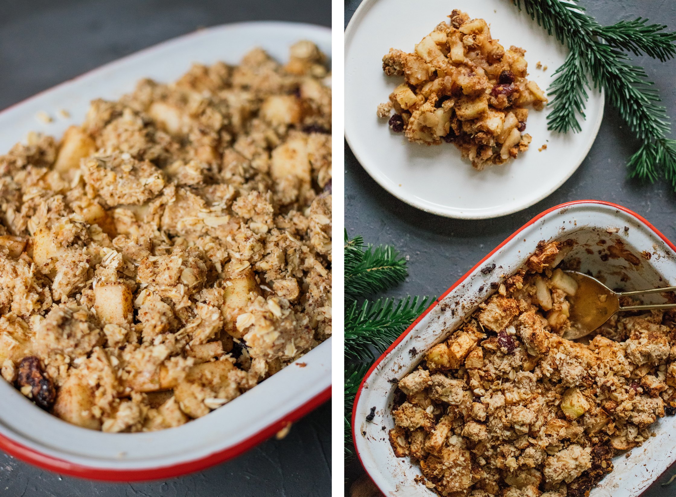 veganer bratapfelcrumble vor und nach dem backen