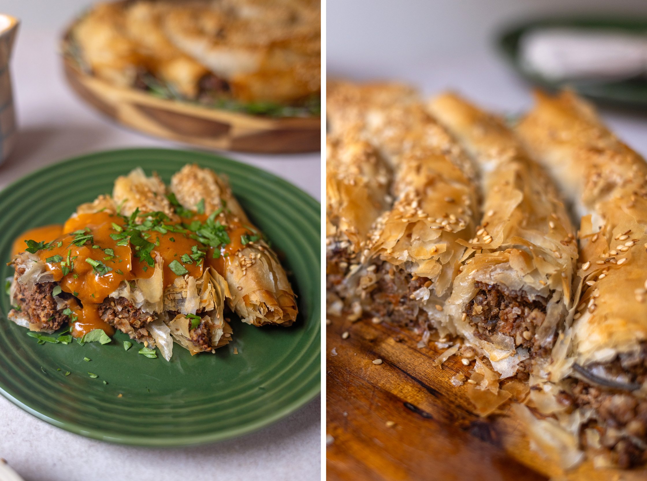 plant-based nut roast strudel and a piece of the strudel on a plate