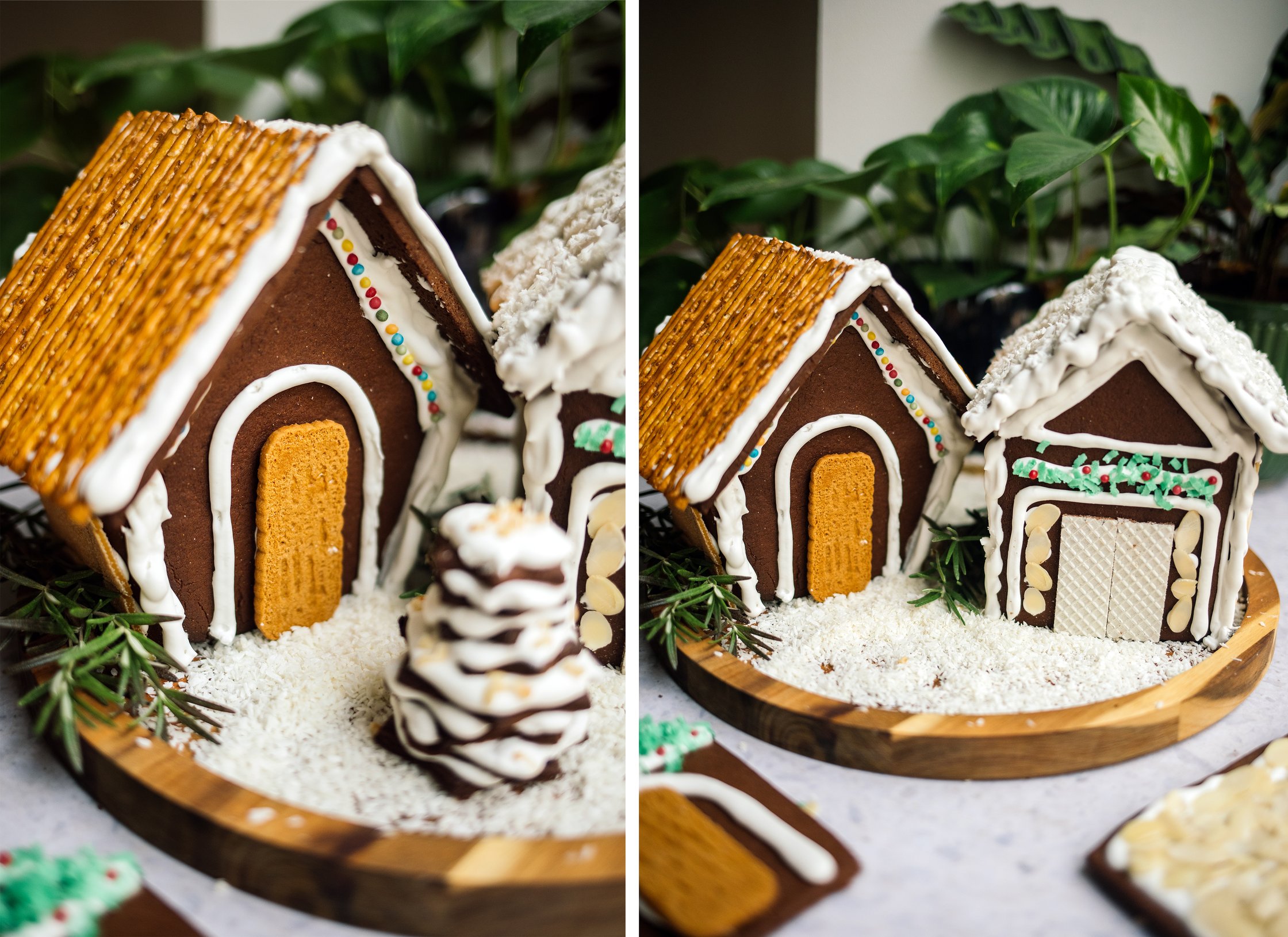 nahaufnahme von veganem selbstgemachtem lebkuchenhaus