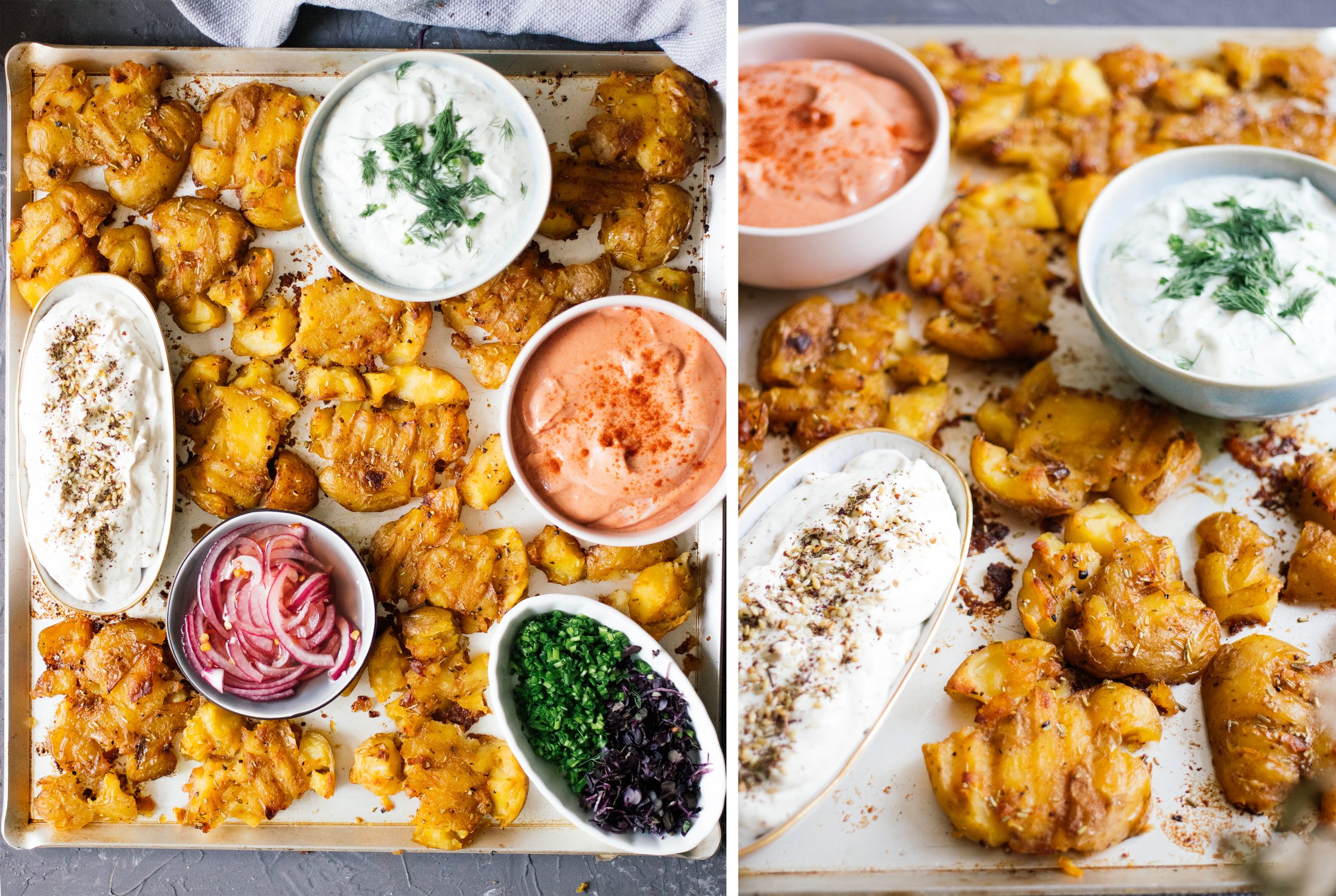 Crispy Baked Smashed Potatoes with three Vegan Dips