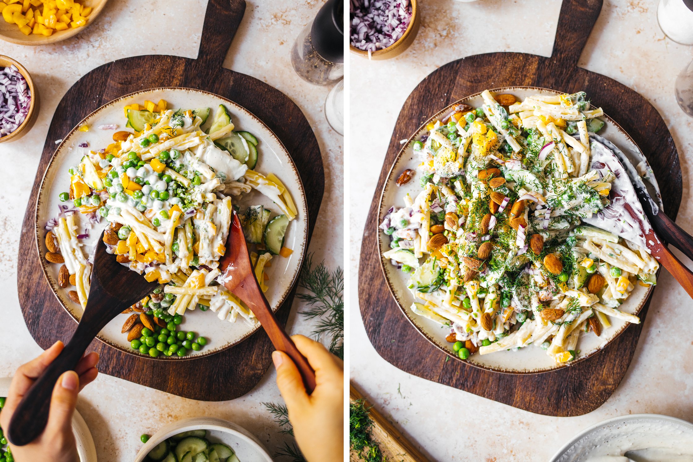 preparing the vegan pasta salad on a big platter