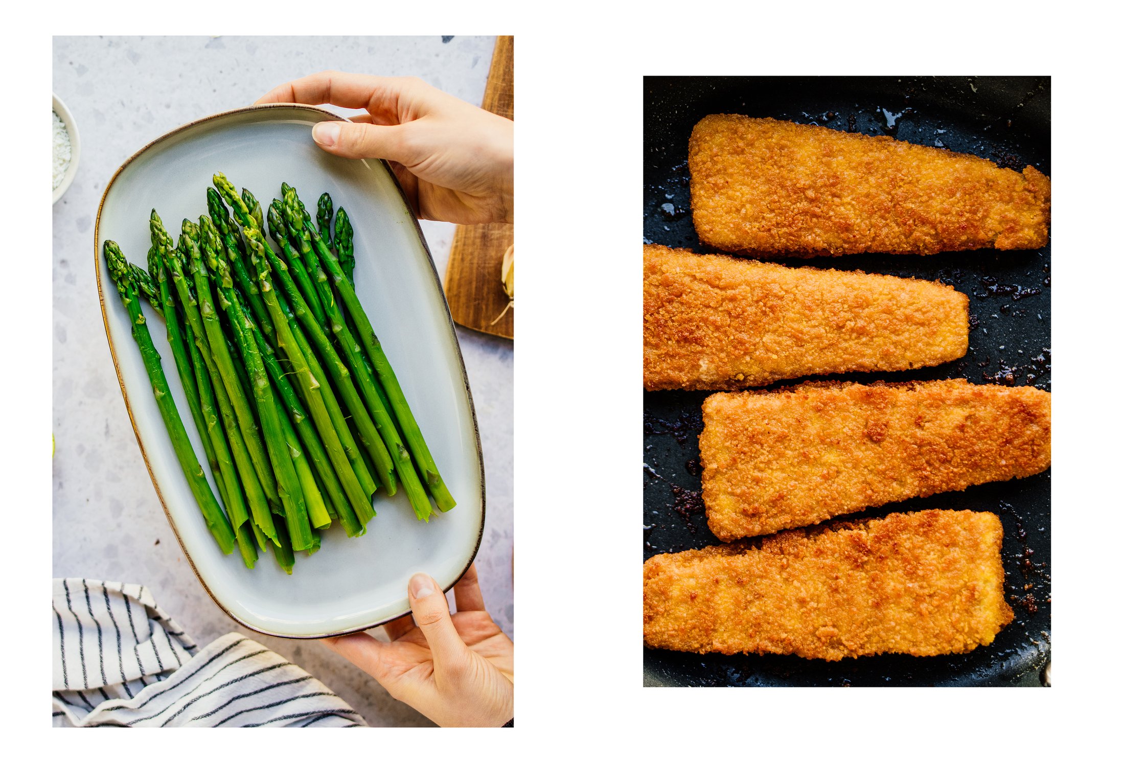 Spargel auf einem Teller, vegane Fischfillets in einer Pfanne