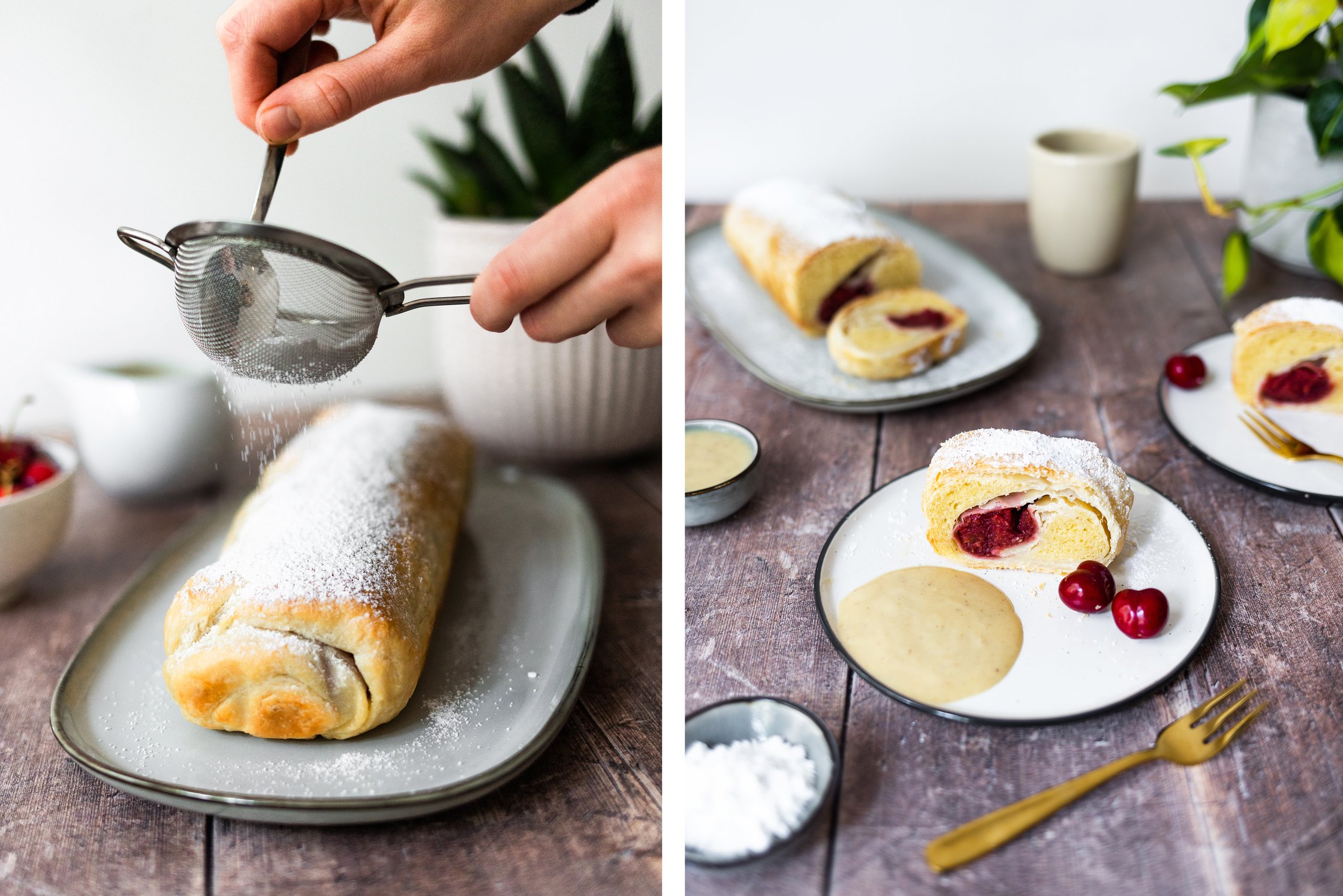 Veganer Quarkstrudel wird mit Puderzucker bestreut und mit Vanillesoße serviert.