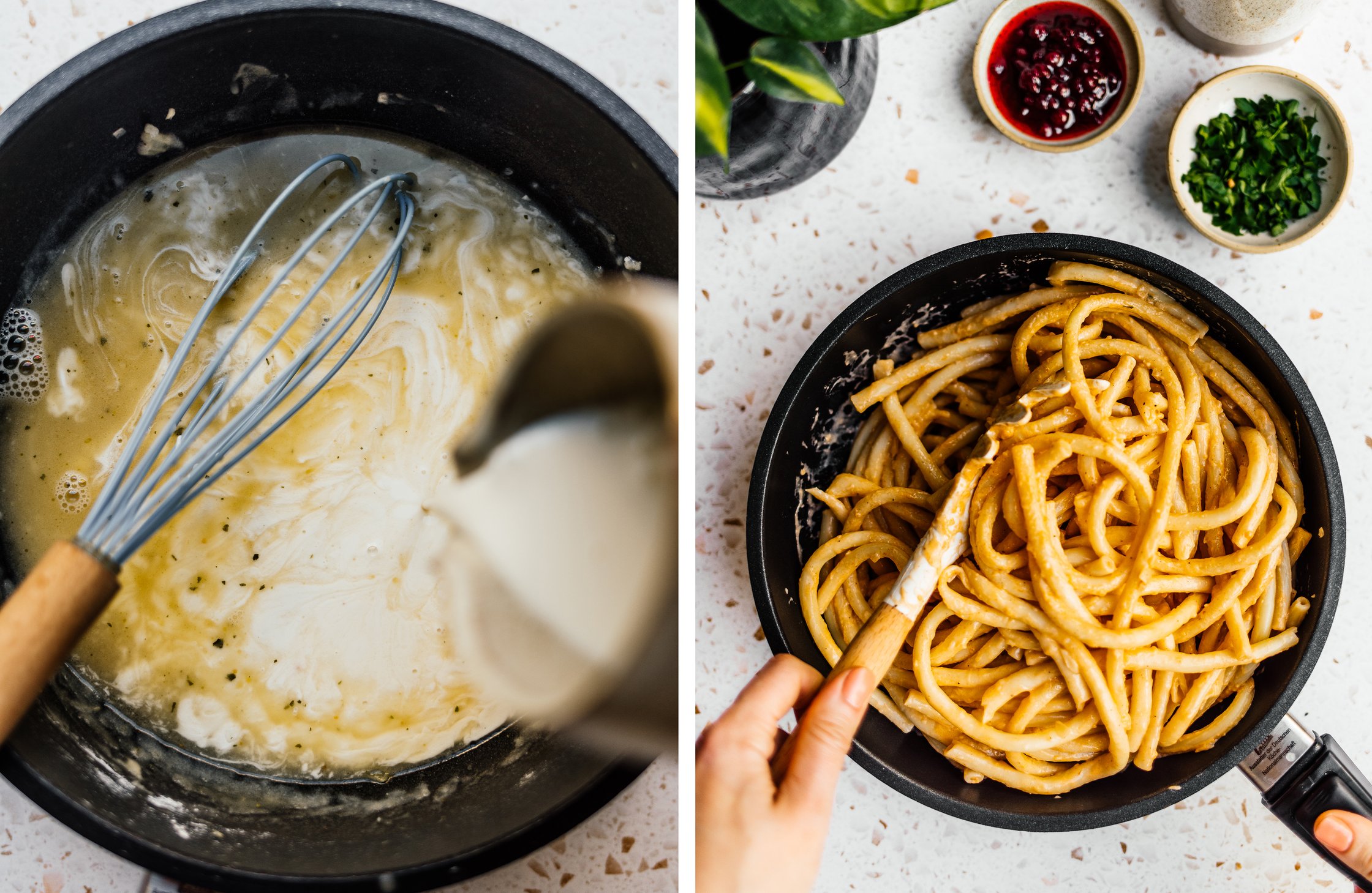 vegane Rahmsoße zubereiten; Rahmsoße mit gekochten Nudeln verrühren