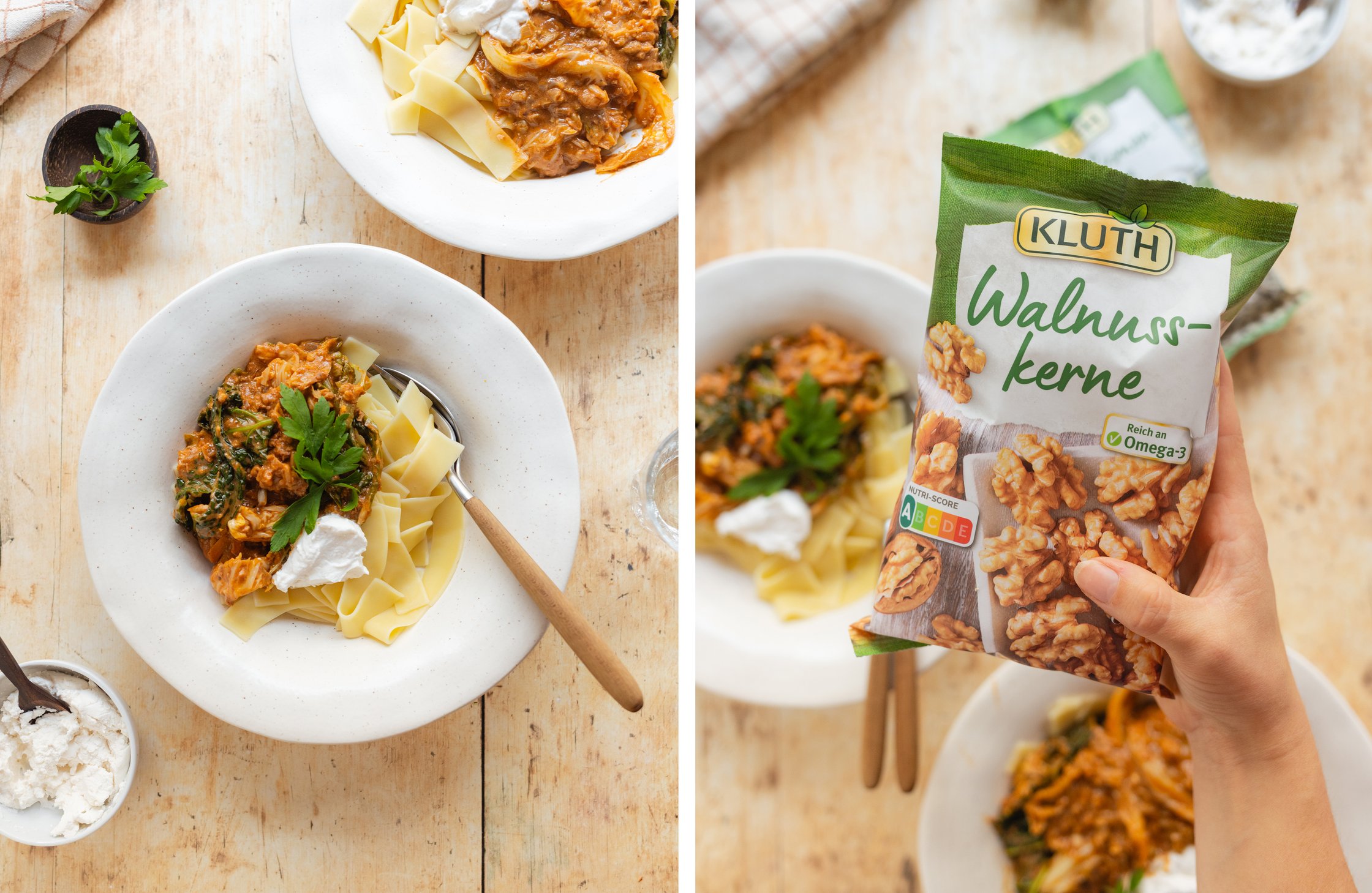 vegane Kohlrouladen-Pasta auf einem Teller; Walnüsse von Kluth