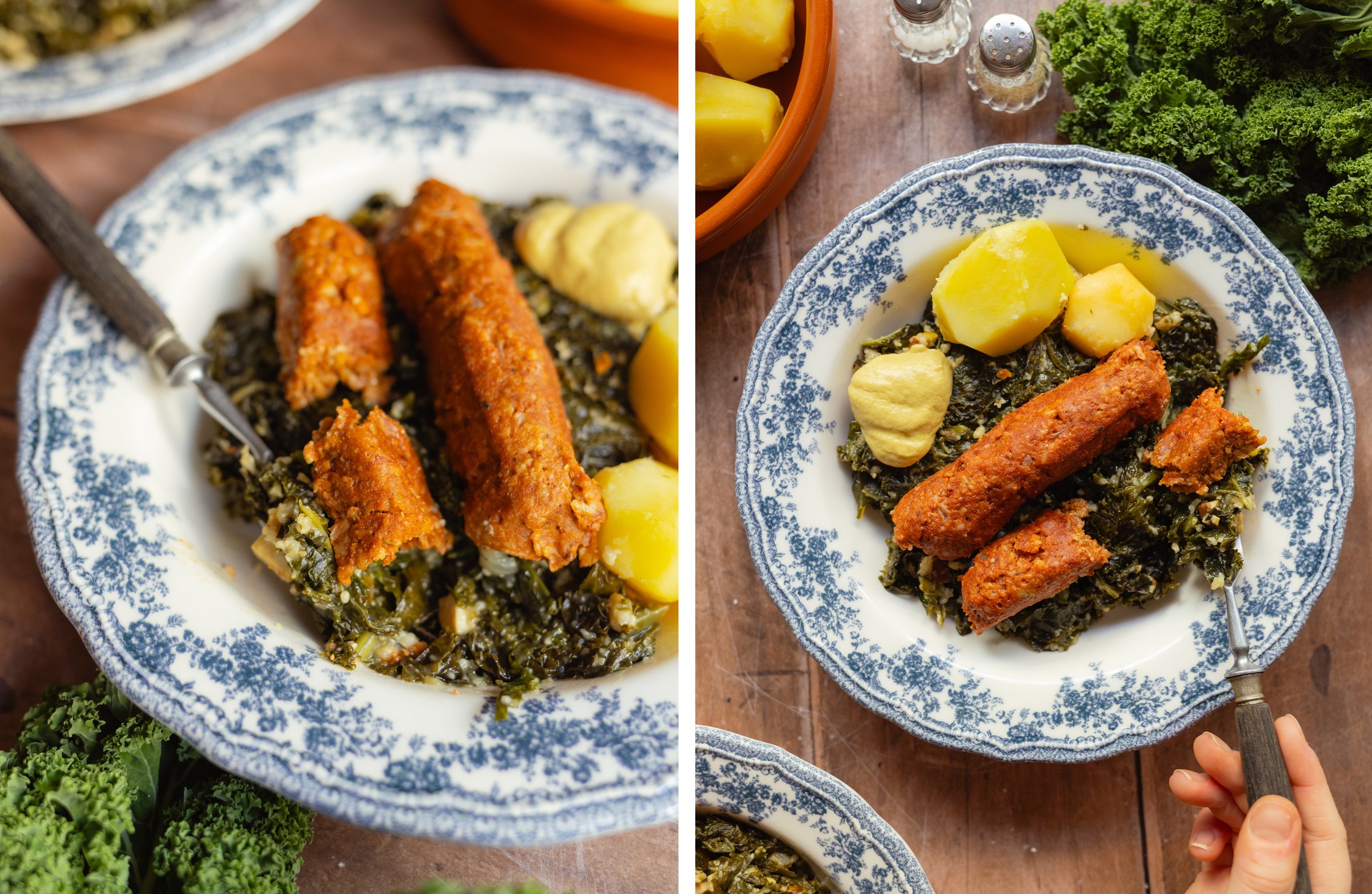 kale with vegan Pinkel sausage on a plate