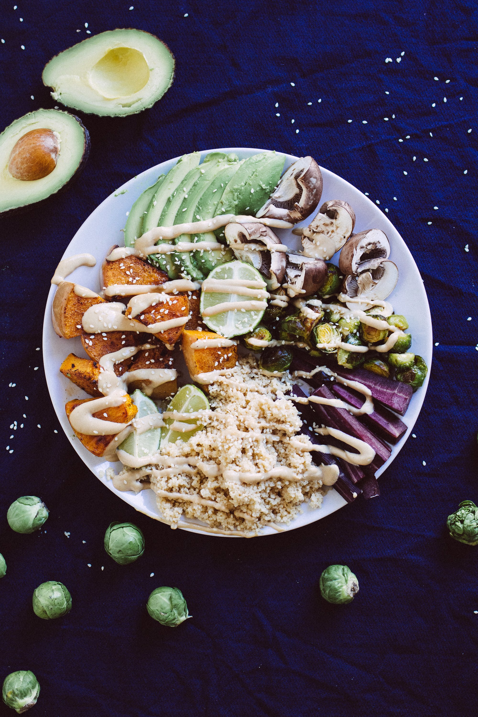 Vegan Couscous Bowl with brussels sprouts upright