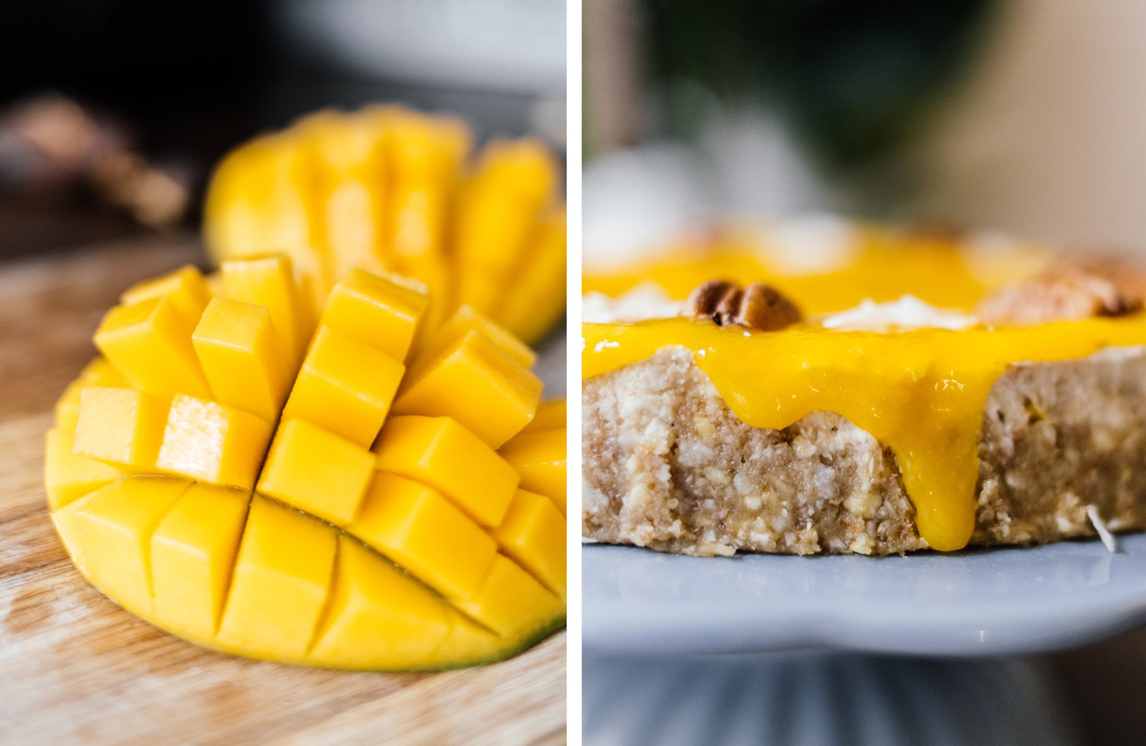 mango cut; mango sauce on cheesecake
