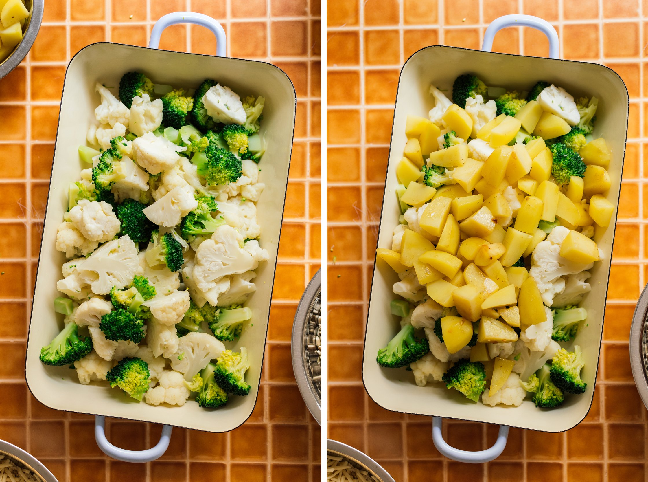 adding vegetables to a casserole dish for Cauliflower-Broccoli Casserole with Vegan Mince